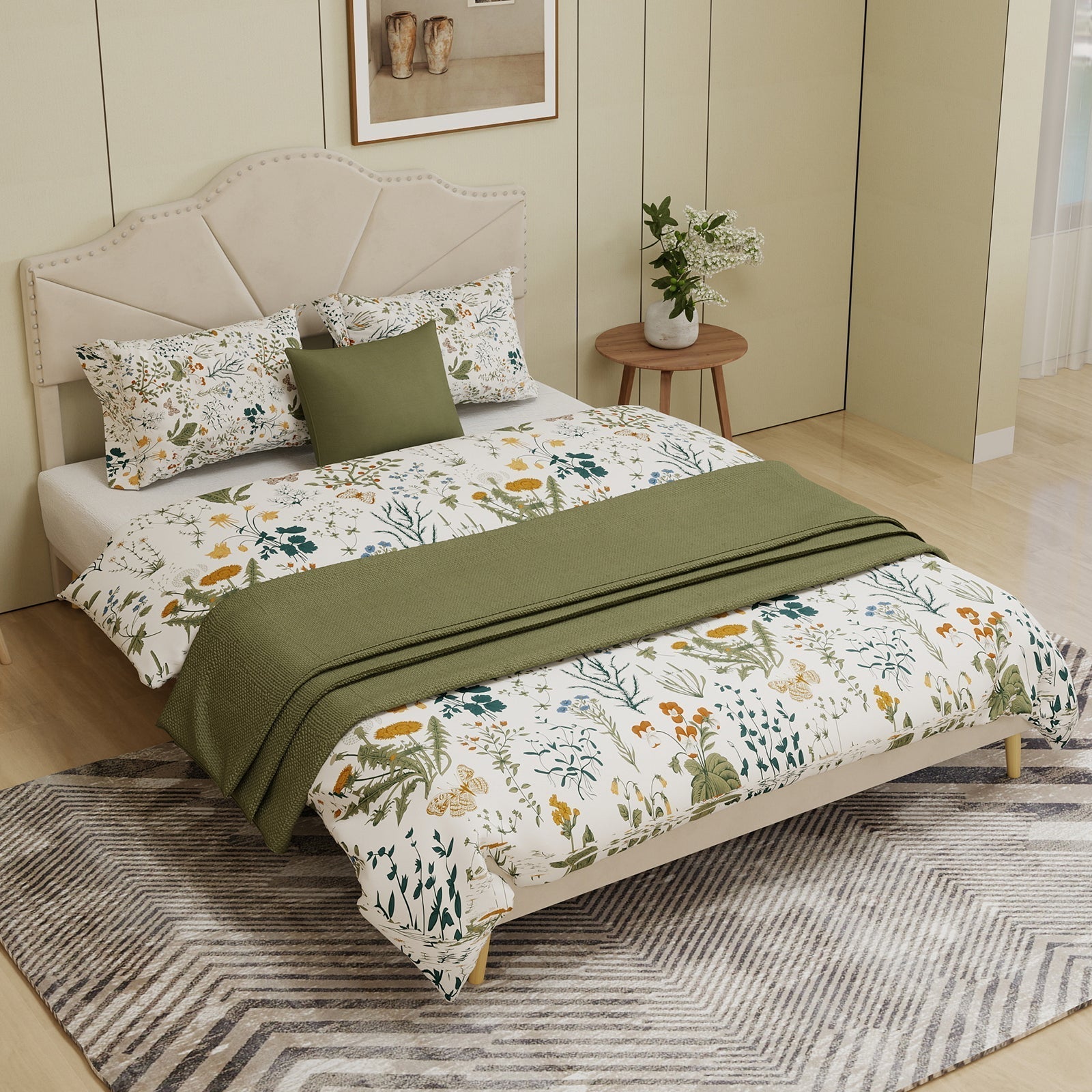 Modern Minimalist Soft Bed, Comfortable Soft Headboard 160x200cm Low Box, Beige