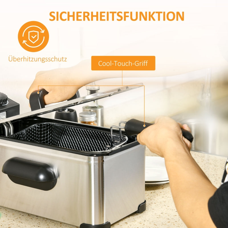 Fritteuse 3L, einstellbarer Thermostat, Edelstahl Silber
