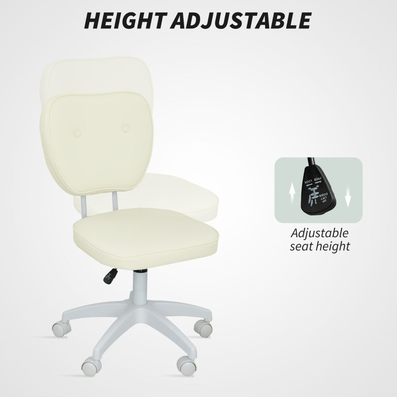 Vanity Office Chair Adjustable Armless Swivel PU Leather Cream