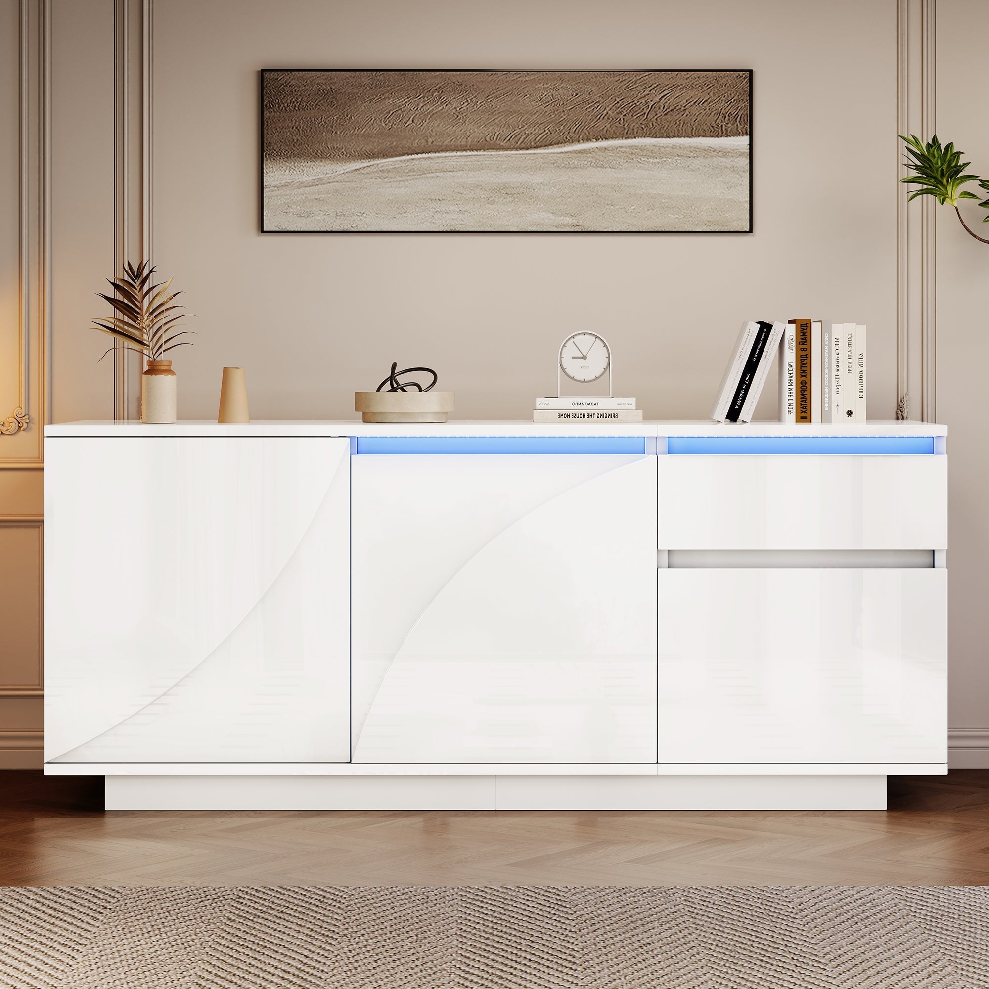 Side Cabinet, 140x40x60cm 3 Cabinets 1 Drawer Adjustable Shelves LED High-Gloss, MDF White