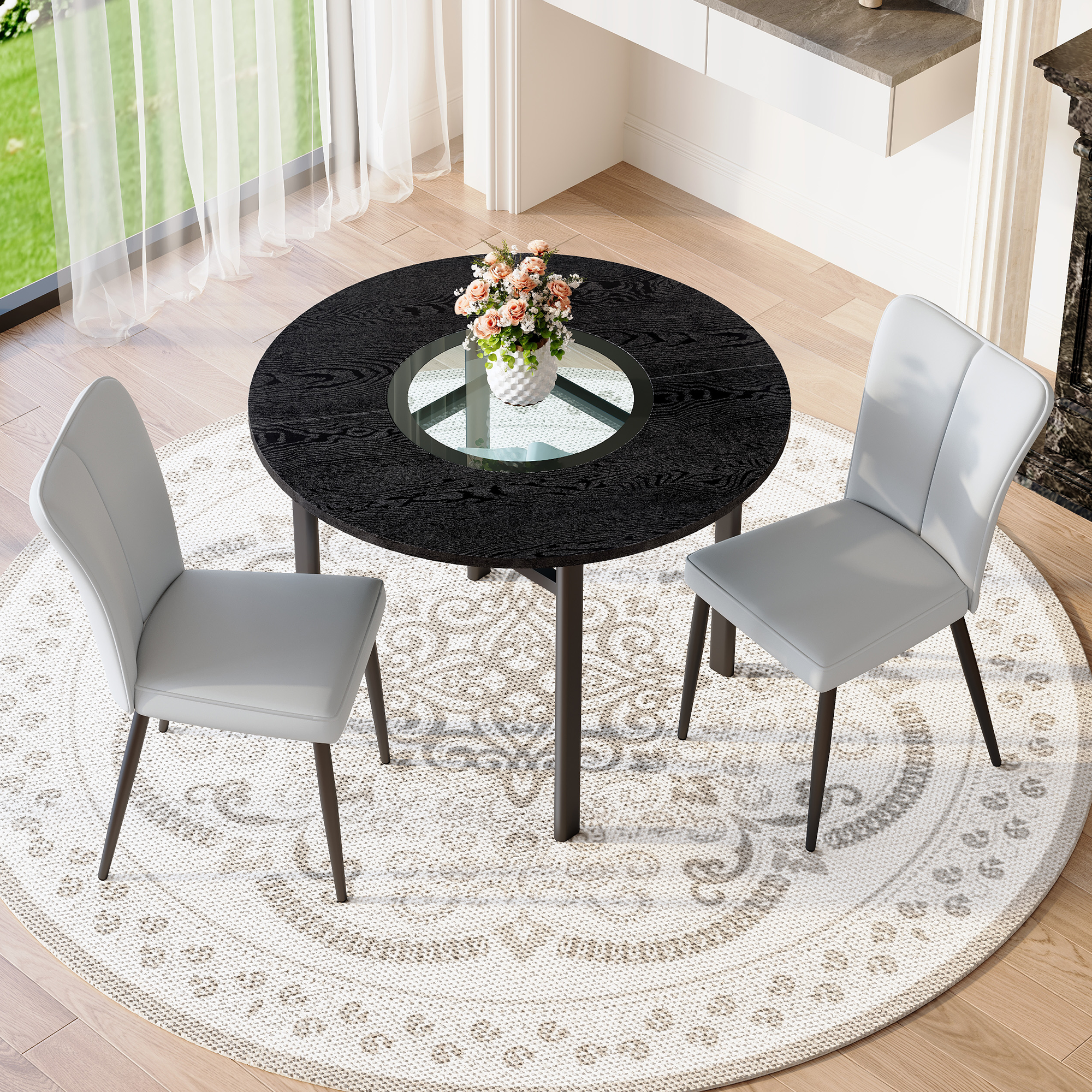 Round Table Set 100cm Modern Minimalist 2 PU Armchairs - Black/Light Grey