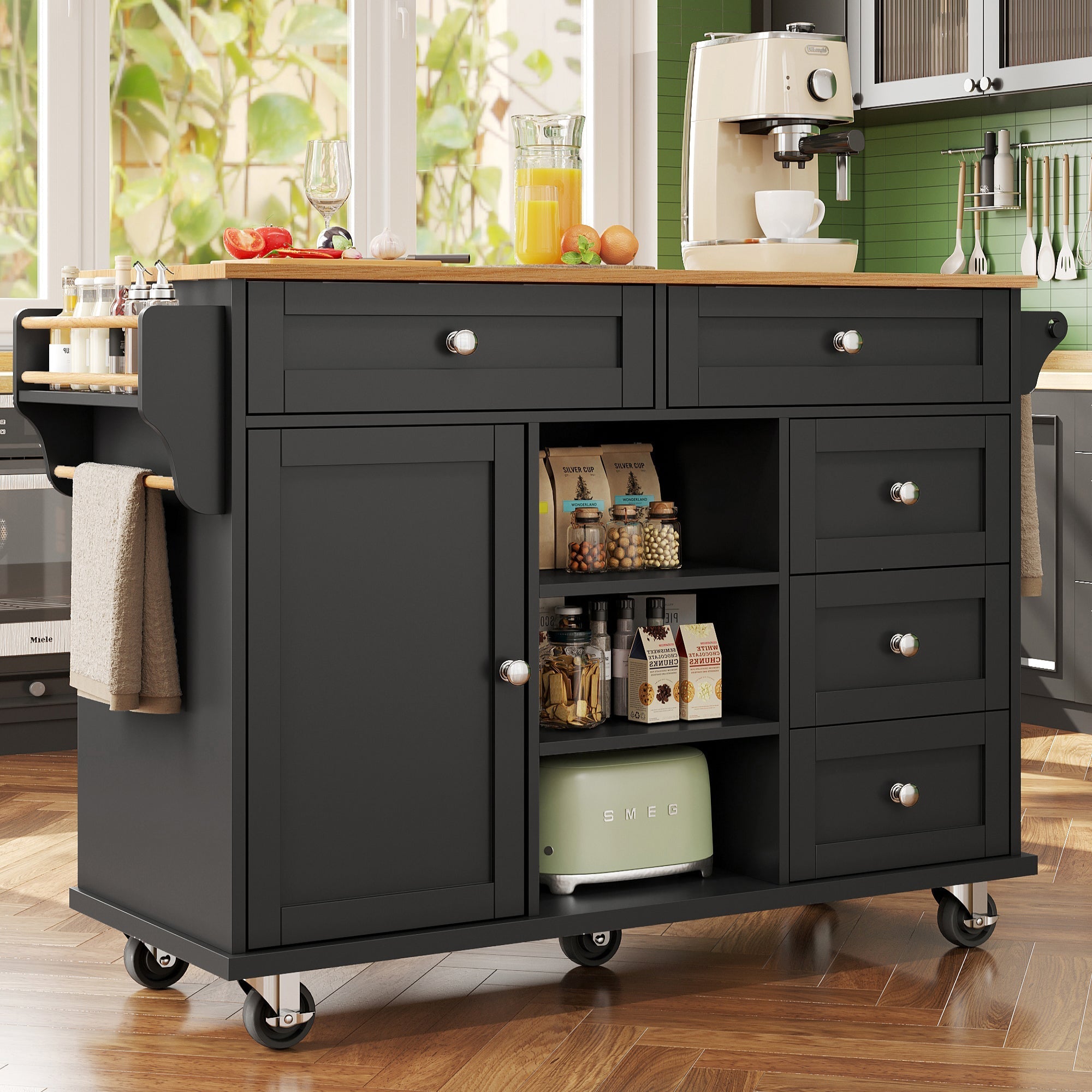 Dining Trolley with Drawer and Storage Cabinet, Mobile and Fixed Dual-Use Design, MDF Wood Grain