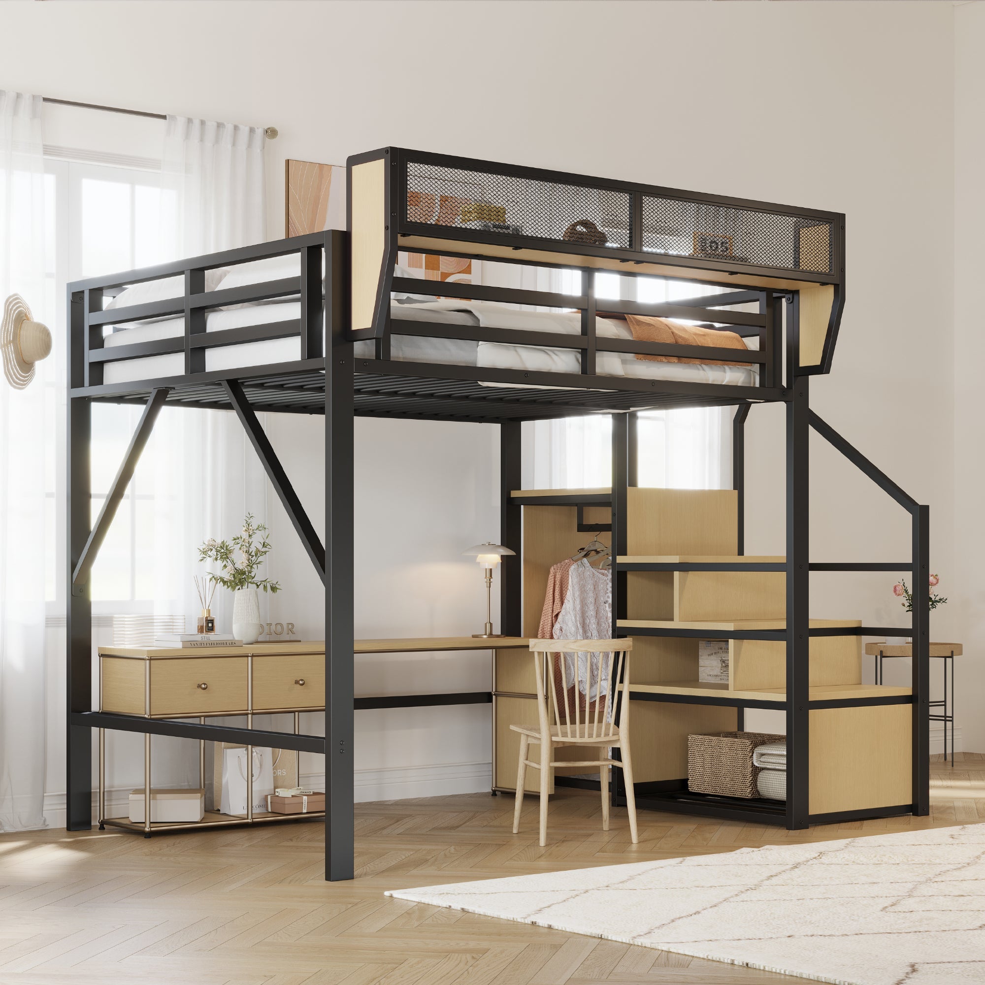 Loft Bed 140x200 Safety Ladder Flexible Storage Metal Black