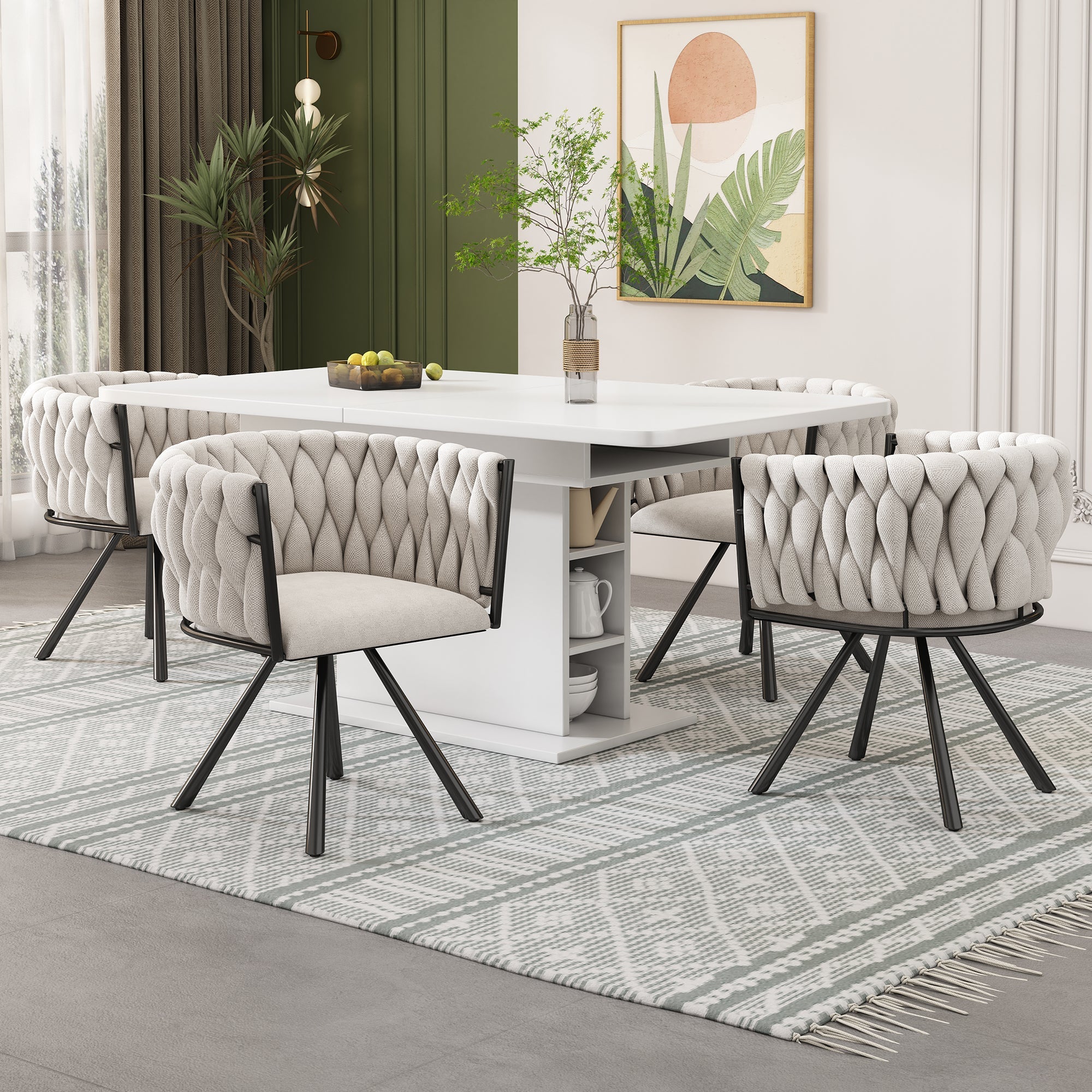 Linen Dining Chairs, Set of 2, Swivel Design with Metal Support Legs, Beige and Black Linen