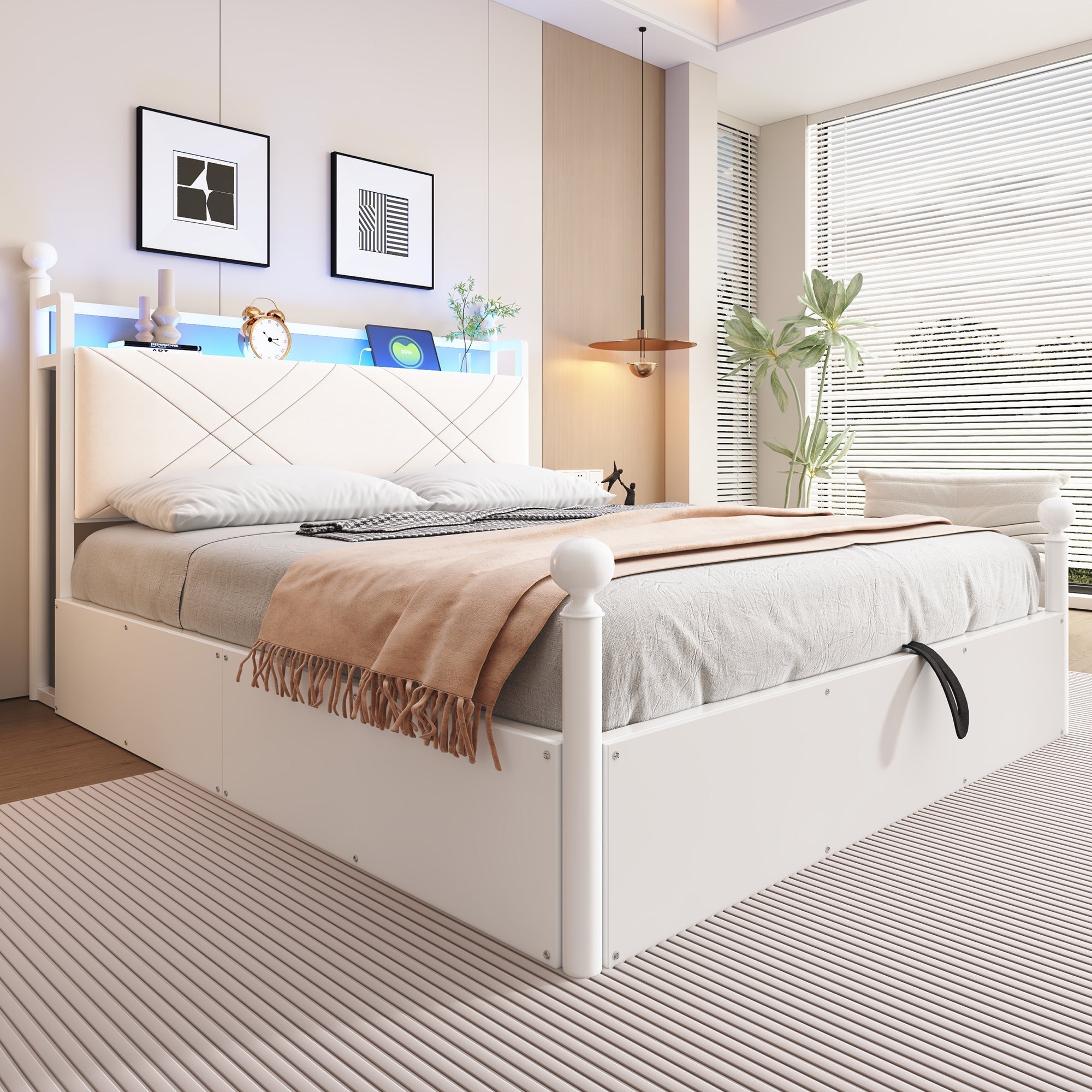Multifunctional Double Bed with Hydraulic Storage, Canopy, LED and USB, 140x190cm, White Wrought Iron