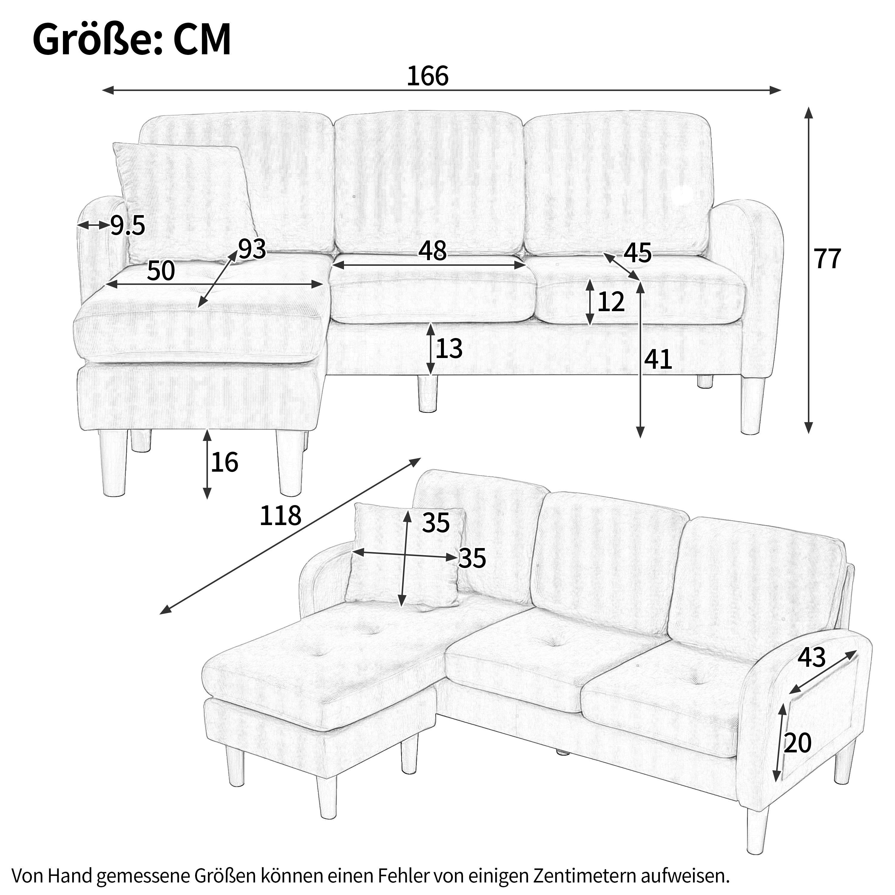L-shaped Corner Sofa with Chaise Longue, 3-Seater Modular Design, Corduroy Fabric