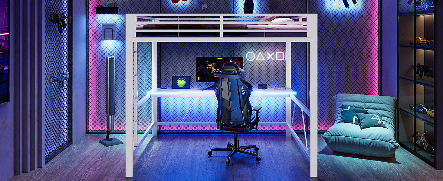 Gaming Loft Bed Frame with 160x200 Desk, LED and USB, White Metal
