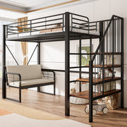 Bunk Bed with Removable Sofa, Storage and Safety Stairs, 90x200cm, Black Metal