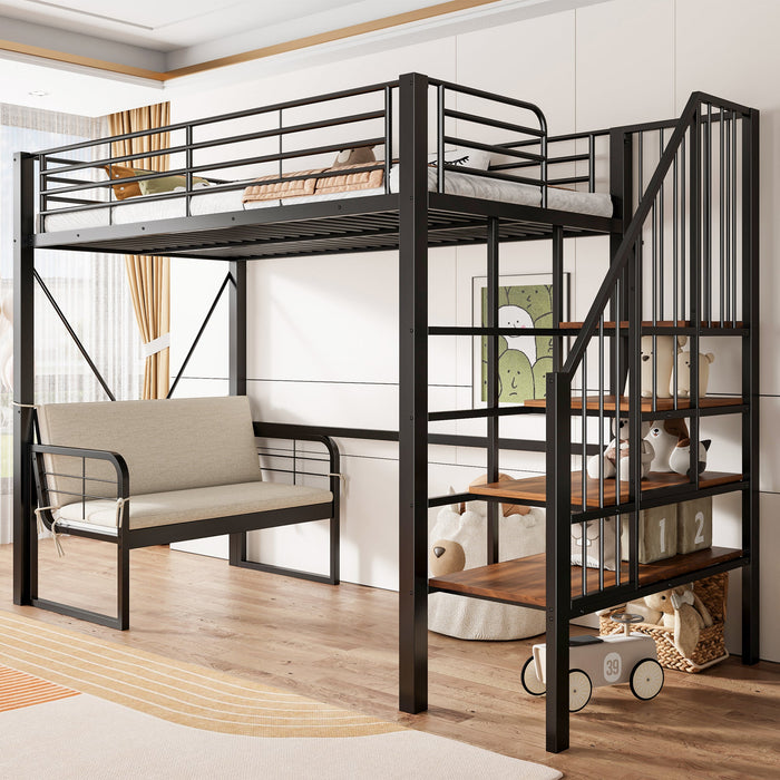 Bunk Bed with Removable Sofa, Storage and Safety Stairs, 90x200cm, Black Metal