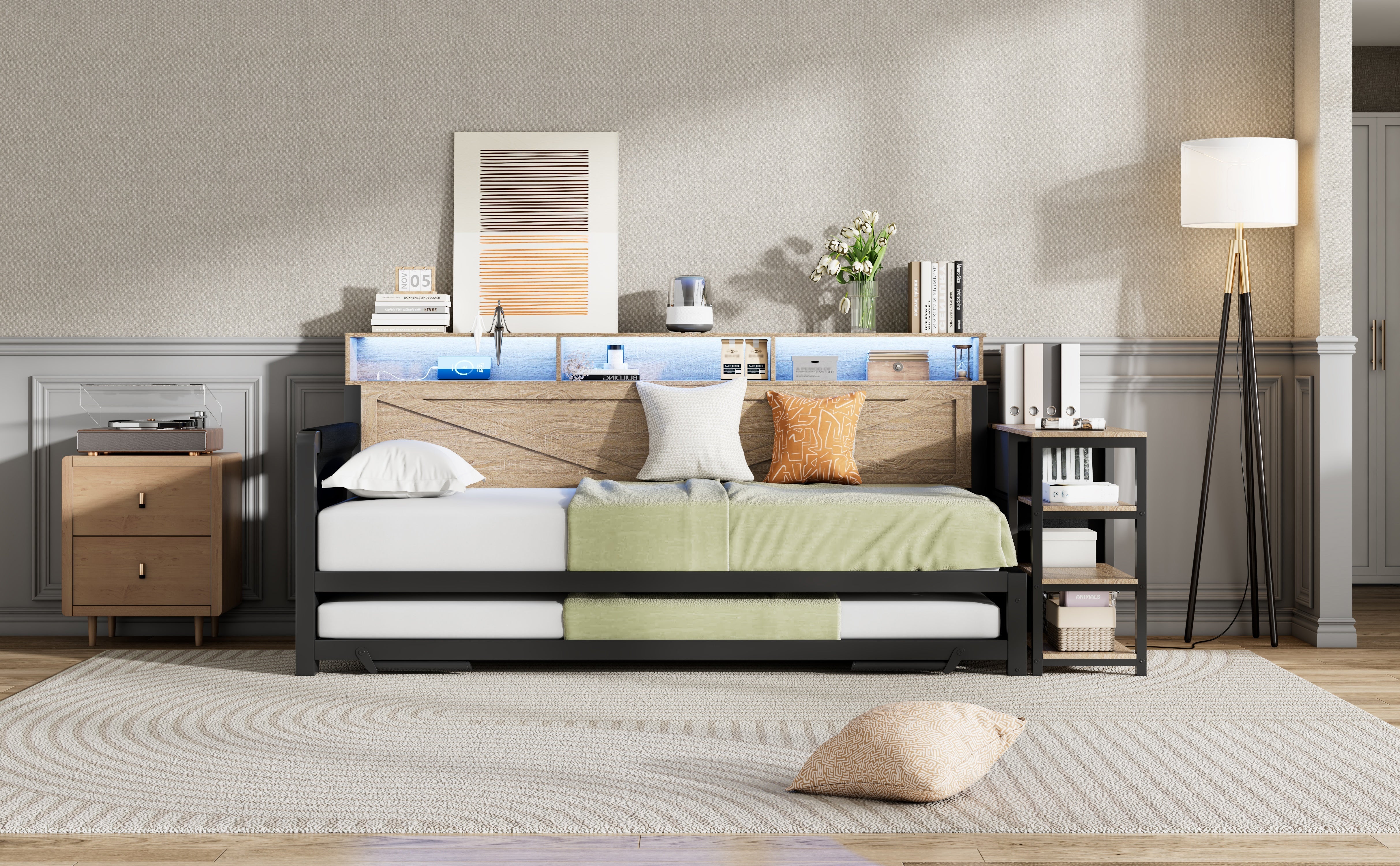 Metal Sofa Bed with Adjustable Pull-Out Bed, Storage Cabinet and LED Lighting, Black