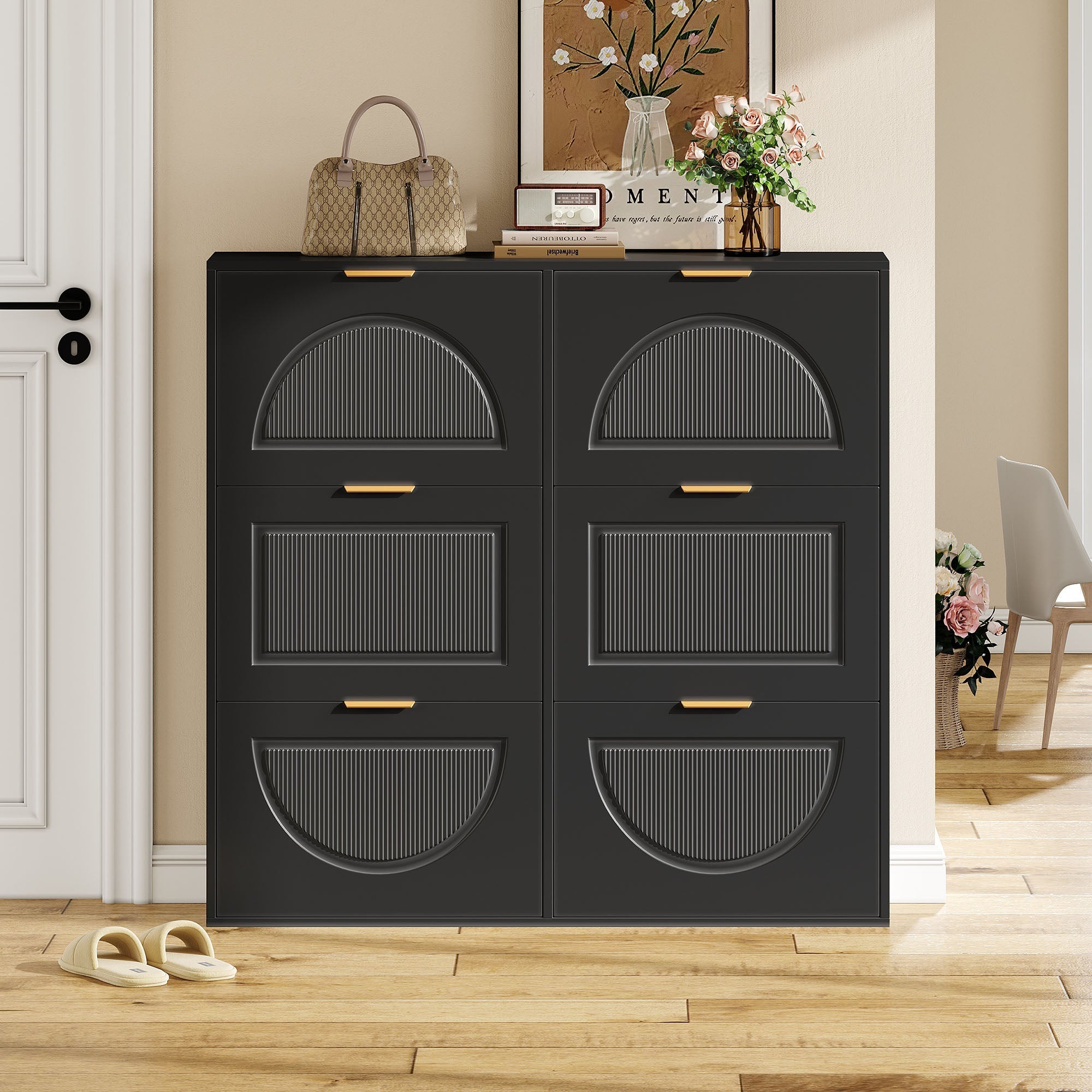 Shoe Cabinet 6 Flap Compartments Freestanding Open Shelves Black