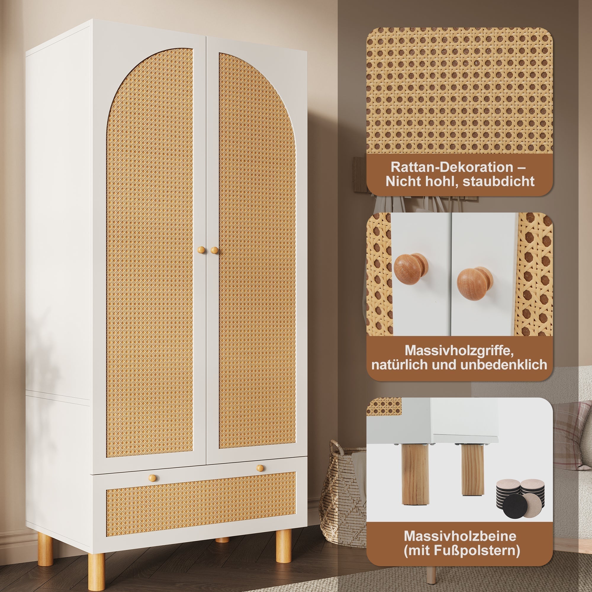Wardrobe 2 Doors Rattan Large Drawer Adjustable Shelves White
