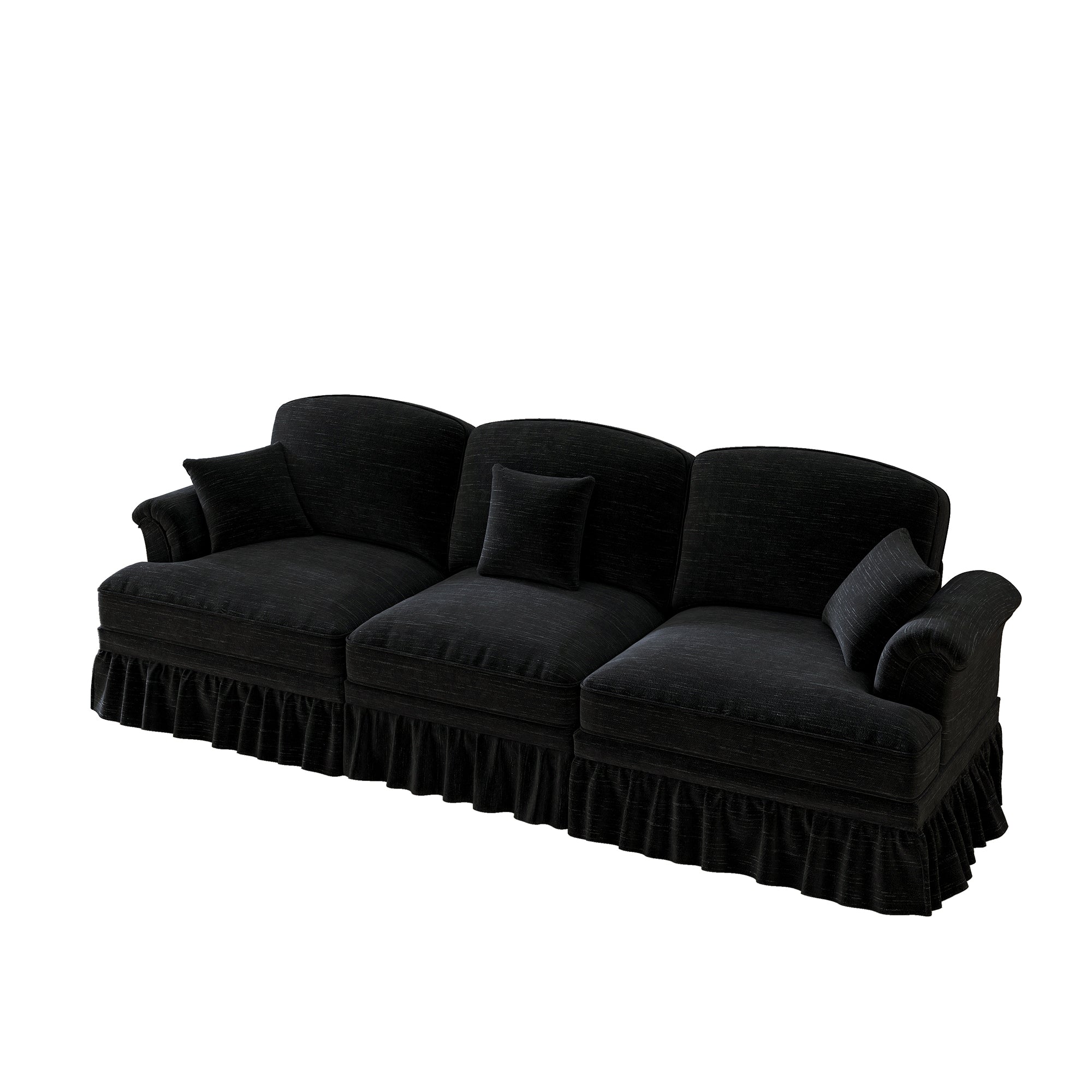 Sofa 3-seater Mid-Century Chenille Ruffled Apron - Black
