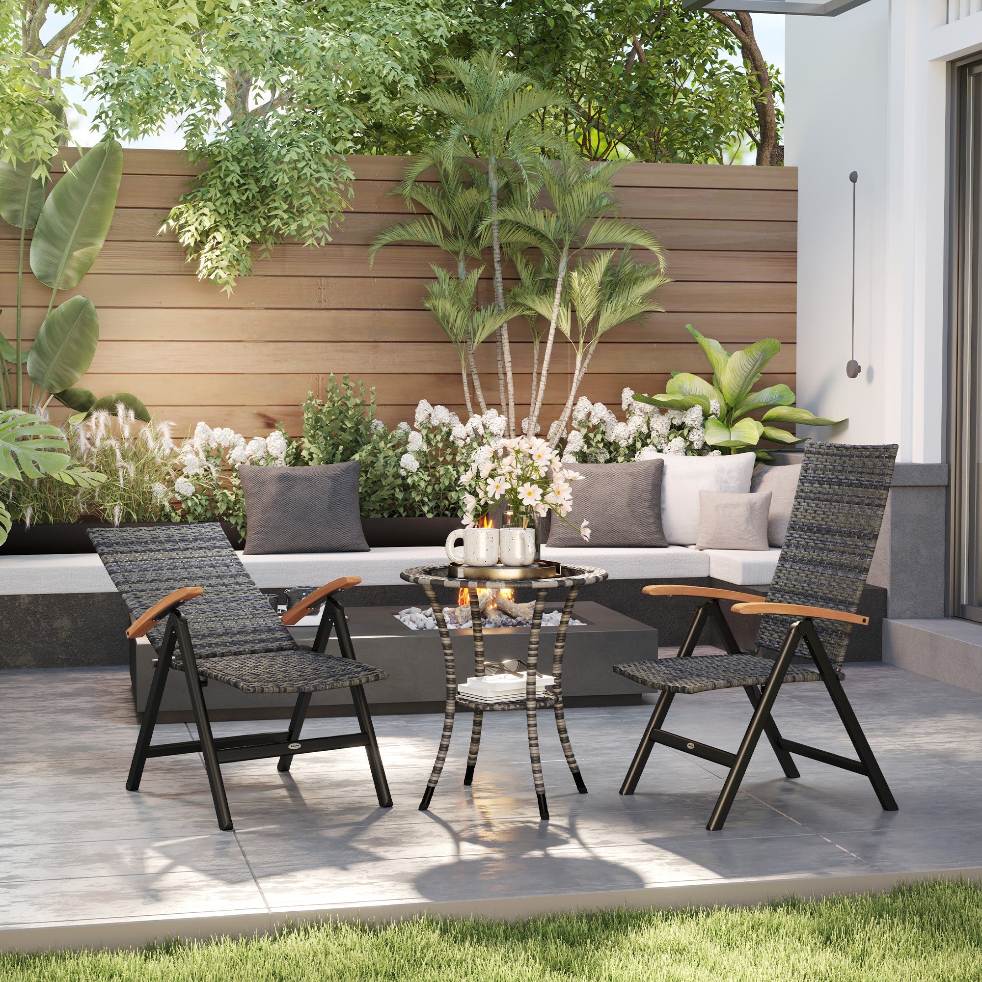 Folding Rattan Garden Dining Chairs Reclining High Back Wood Armrests Mixed-grey