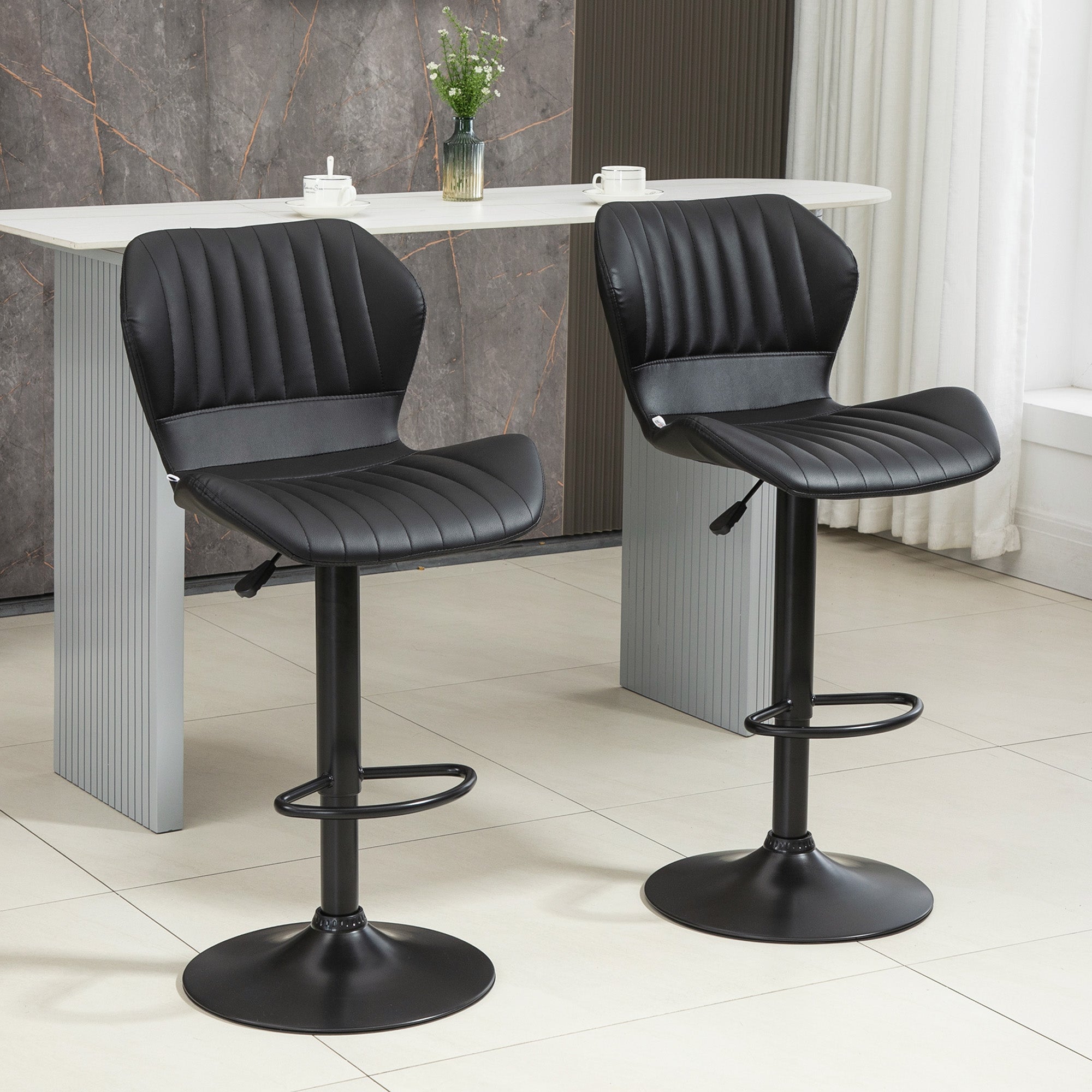 Bar Stools, Set of 2, Swivel, Height-Adjustable, Faux Leather