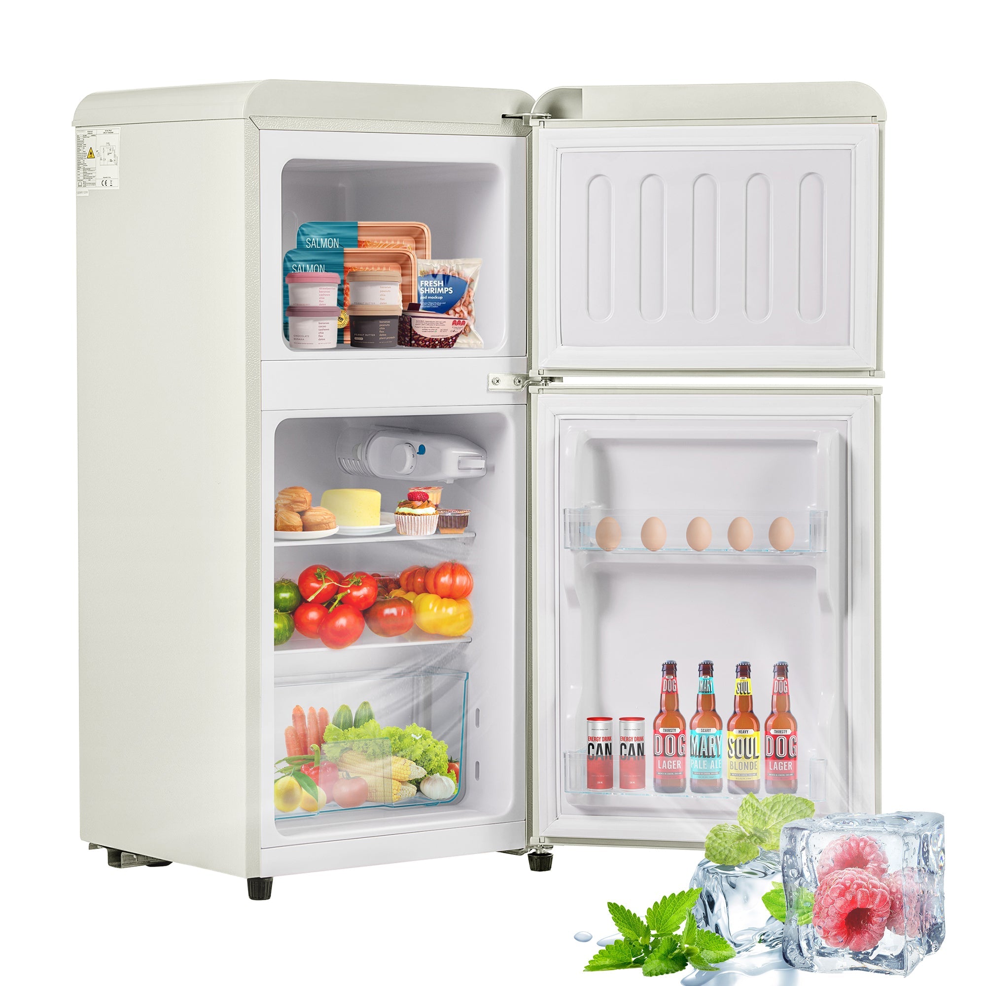 Retro Refrigerator Freezer, 60L Total Volume, 22L Freezer, Cream White