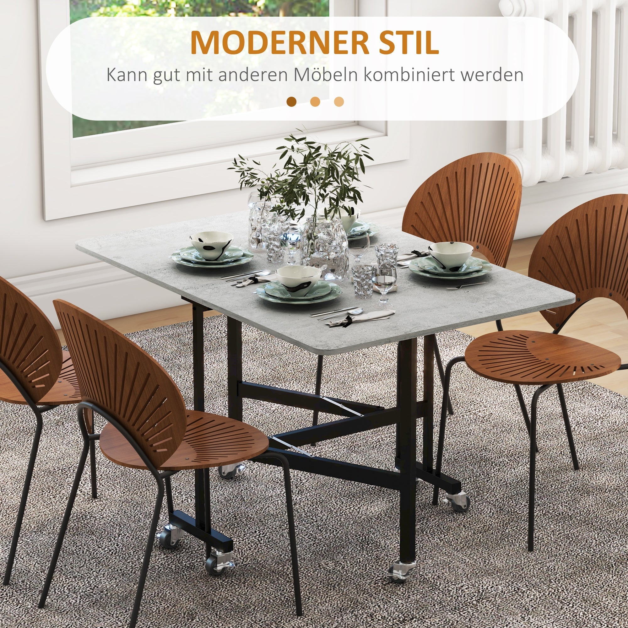 Folding Dining Table, Extendable 4-6 People Wheels Steel Legs