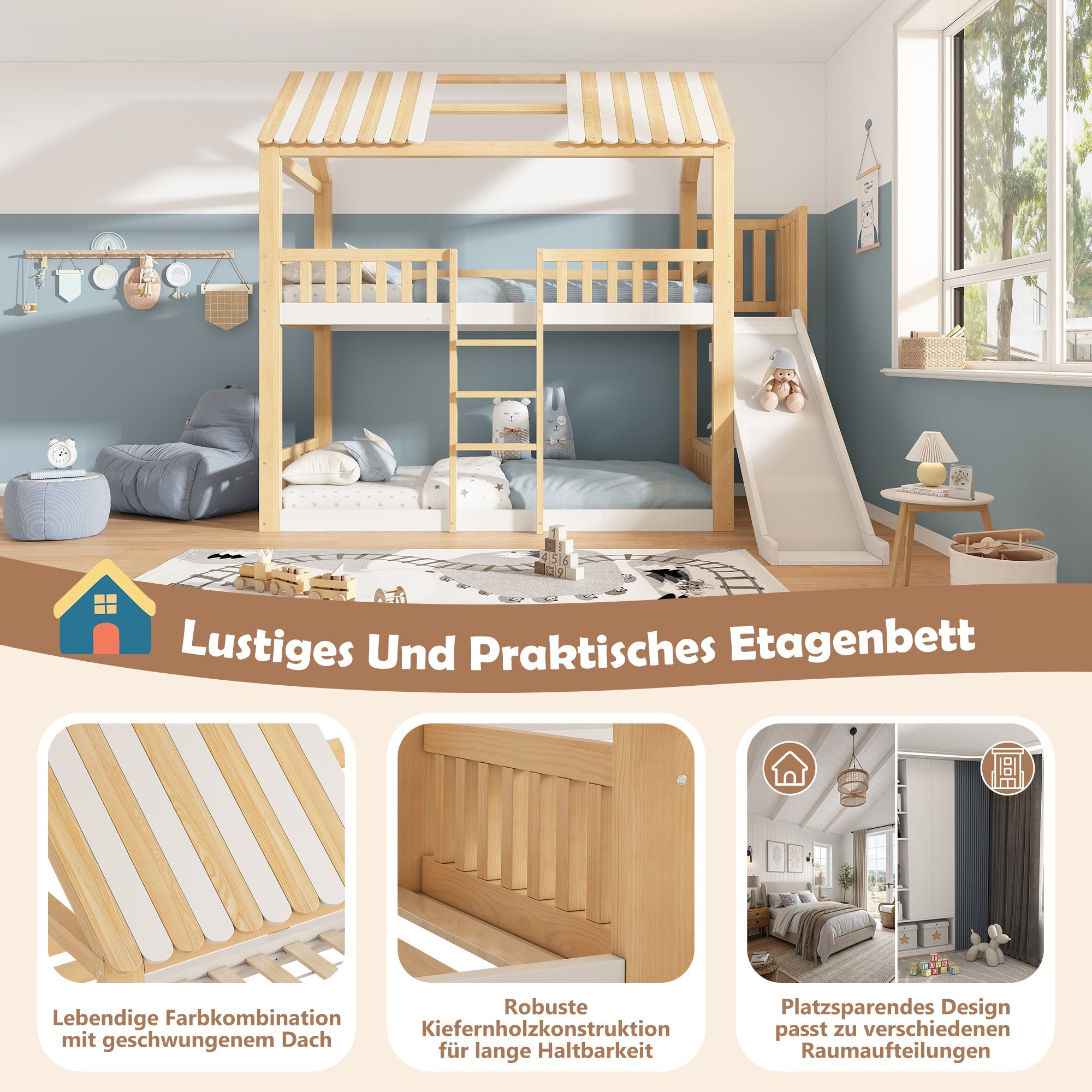 Children's Bunk Bed with Gable Roof, Shelf and 35cm Slide, 90x200cm, White and Natural Wood