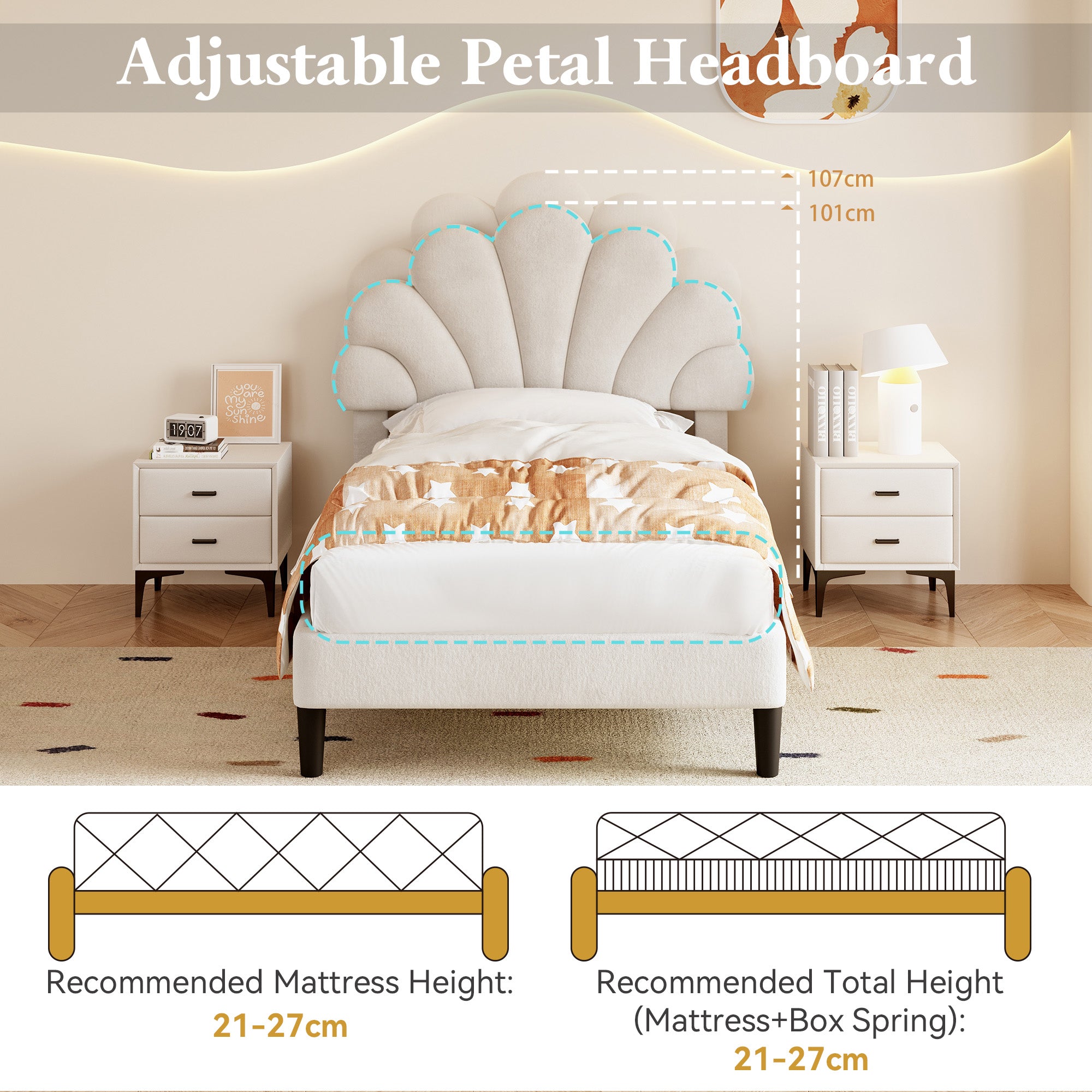 3ft Single Upholstered Velvet Bed Frame with Adjustable Chic Petal Headboard, Beige