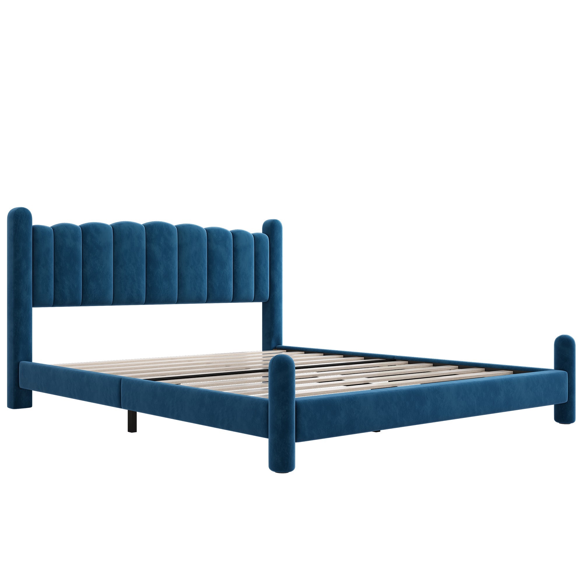 Upholstered Bed with Fan-Shaped Headboard and Slatted Base, 160x200cm, Blue Velvet