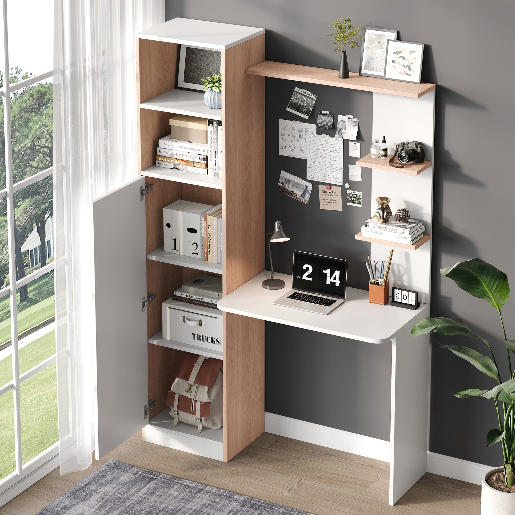 Work Table/Desk with Storage, Lower Cabinet & Open Shelf, White/Slatted Wood