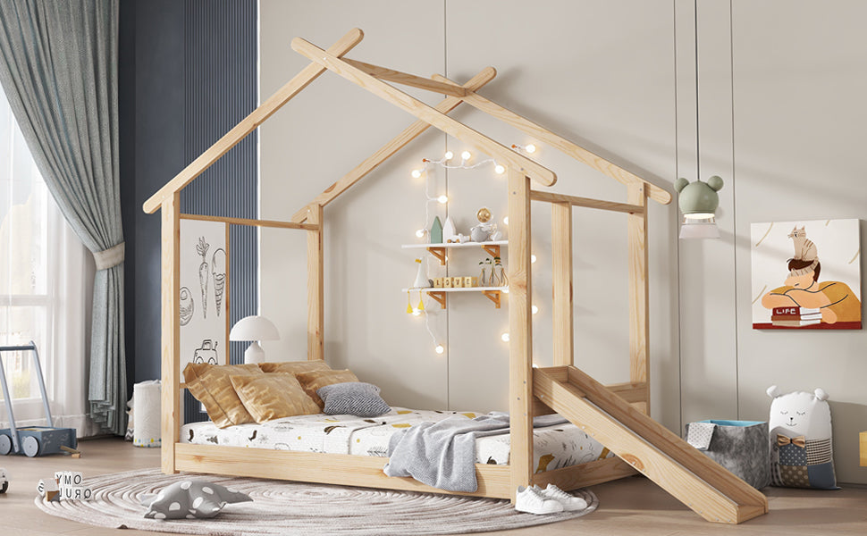 Wooden Bed, Single with Slide, Roof Design & Whiteboard, Pine + MDF + Plywood