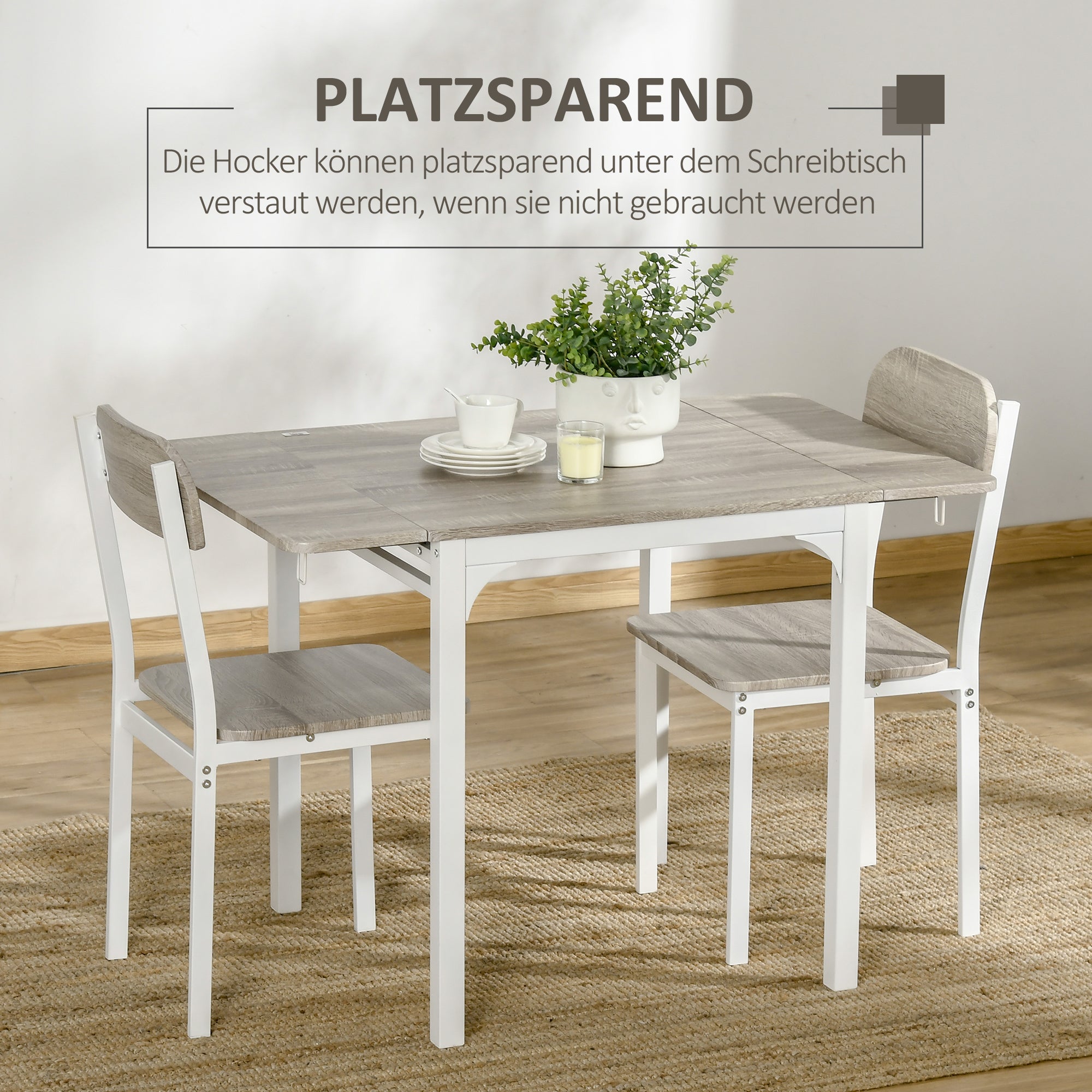 Dining Set, 3-Piece with Folding Table & 2 Chairs, Steel MDF, Natural White
