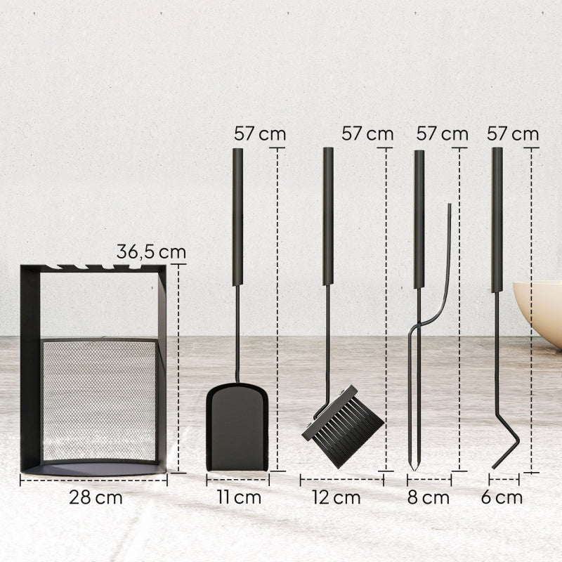 Fireplace Tool Set 5-Piece with Stand - Black Metal