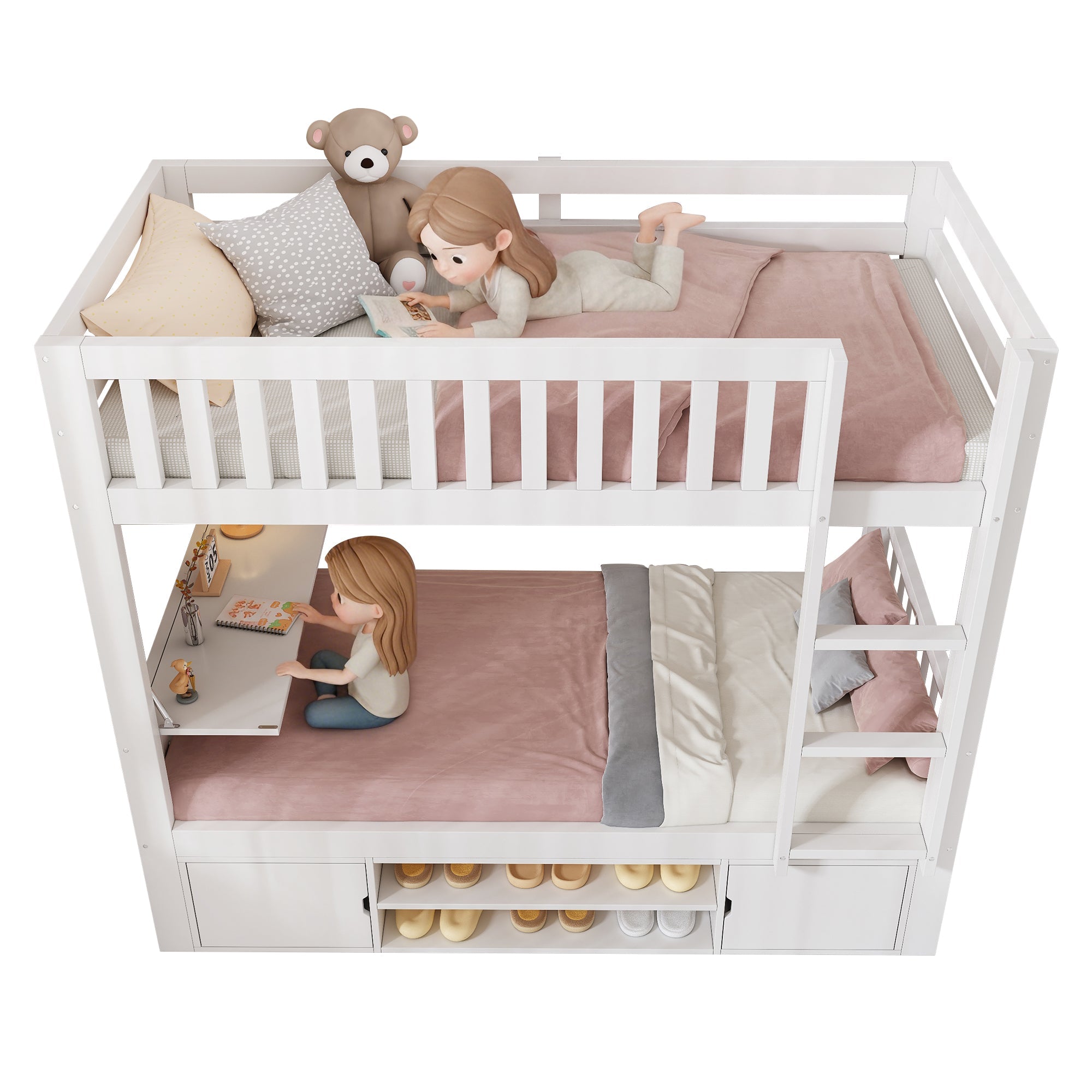 Children's Loft Bed 90x200cm with Fold-down Tabletop and Integrated Shoe Rack, White