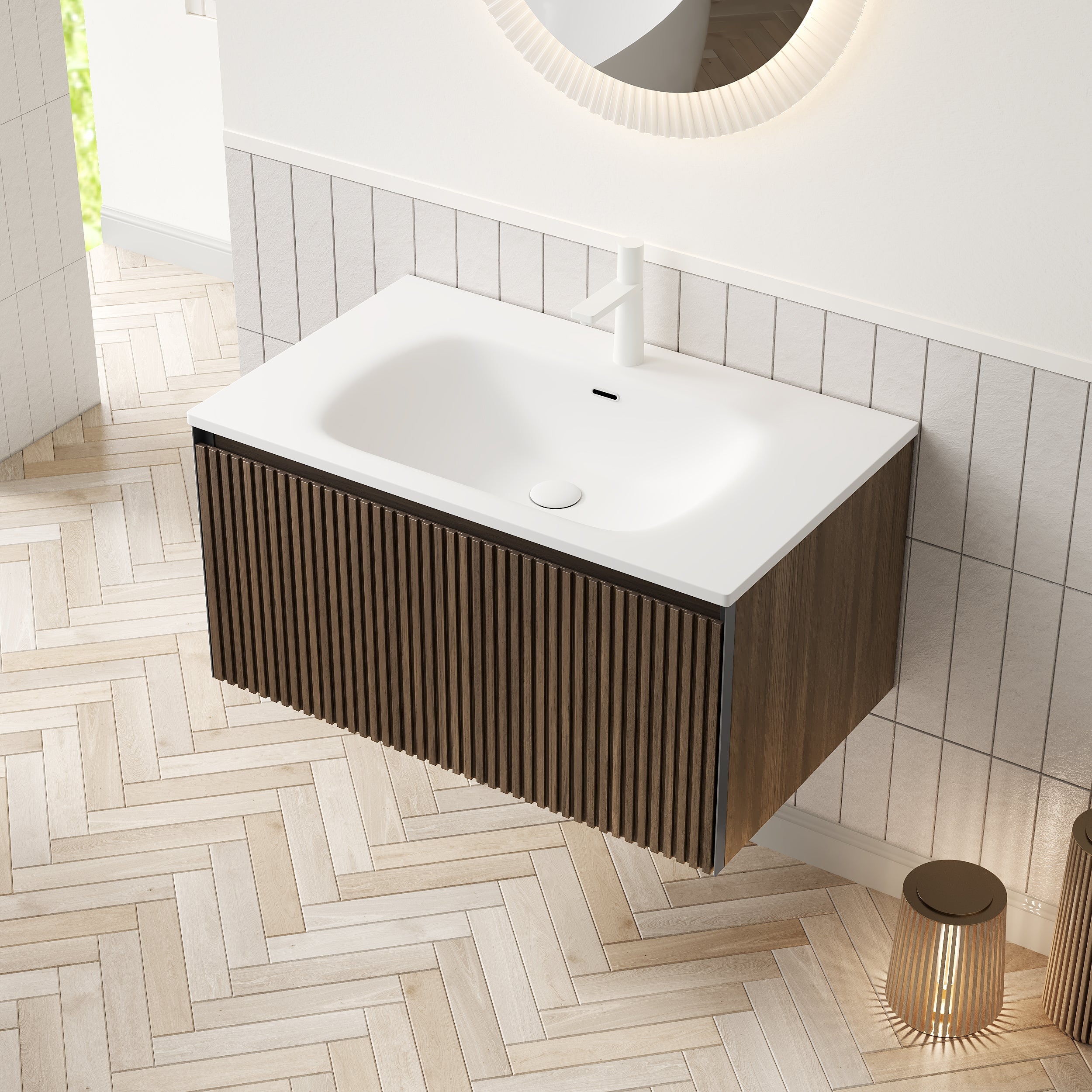 Bathroom Vanity Unit with Ceramic Sink and Drawer, 80cm Wall-Mounted Plywood, Brown Oak Finish