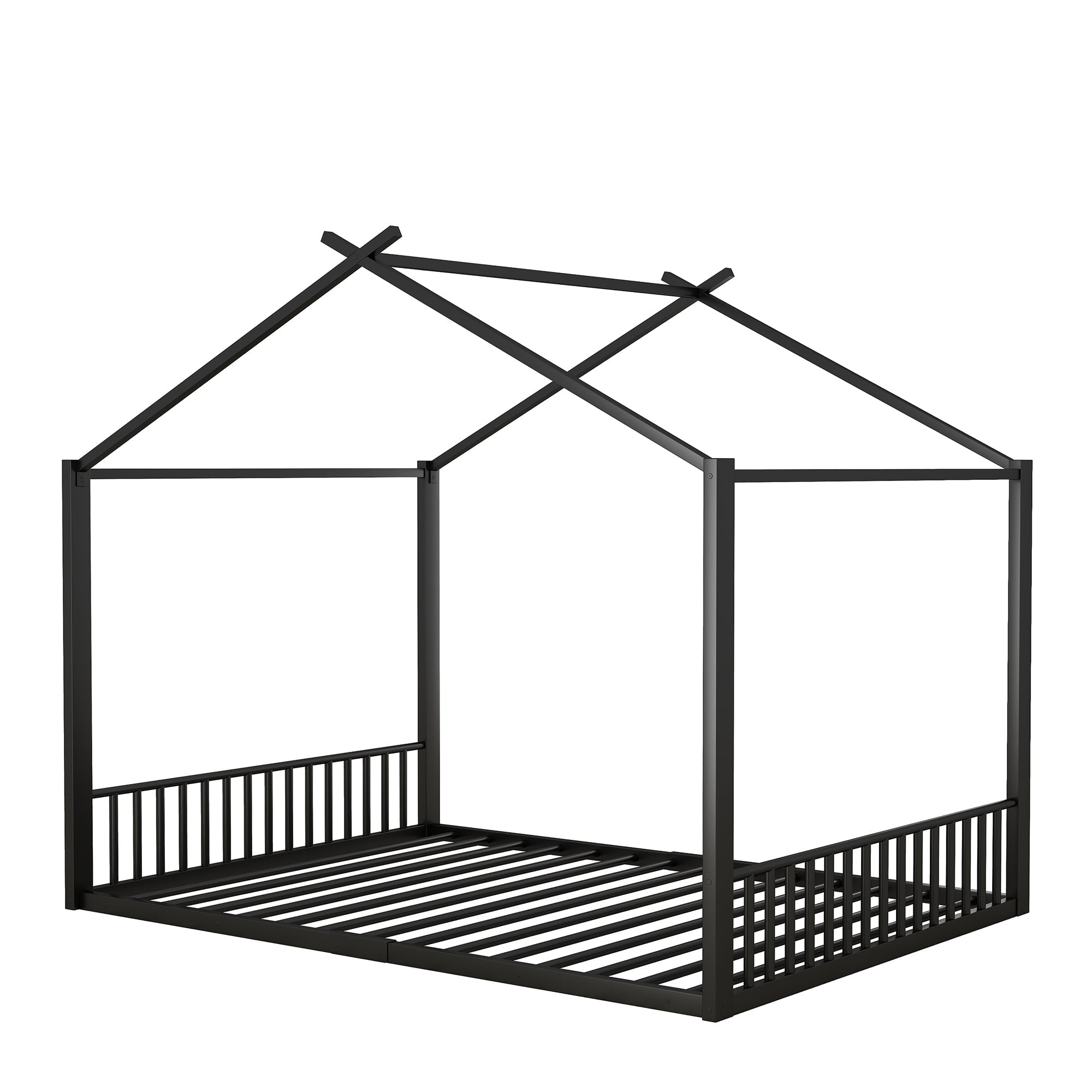 Children's Flat Bed 140x200cm House Rail Iron Frame Black