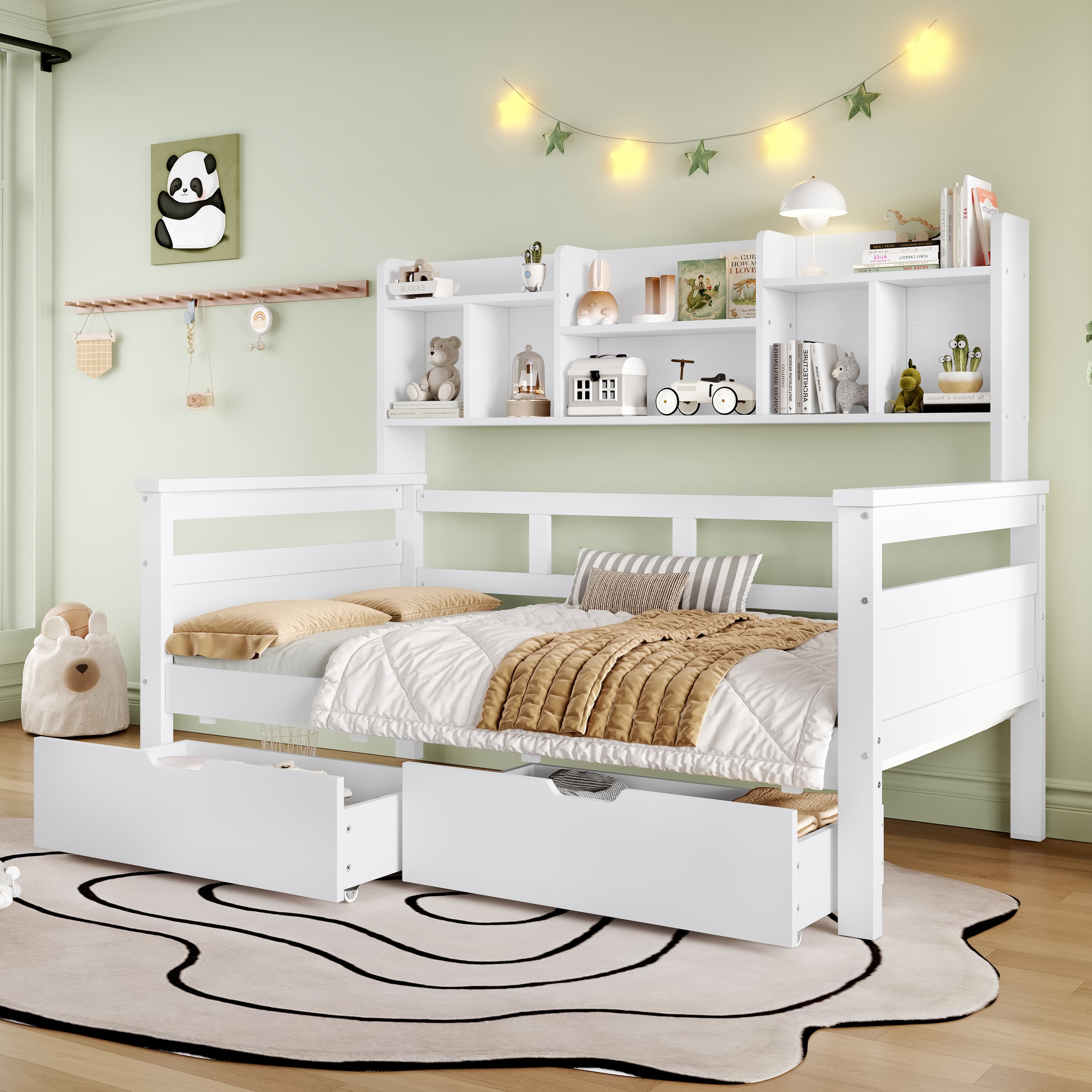 3ft Single Wooden Bed Frame with Two Storage Drawers and Bookcase Headboard, White