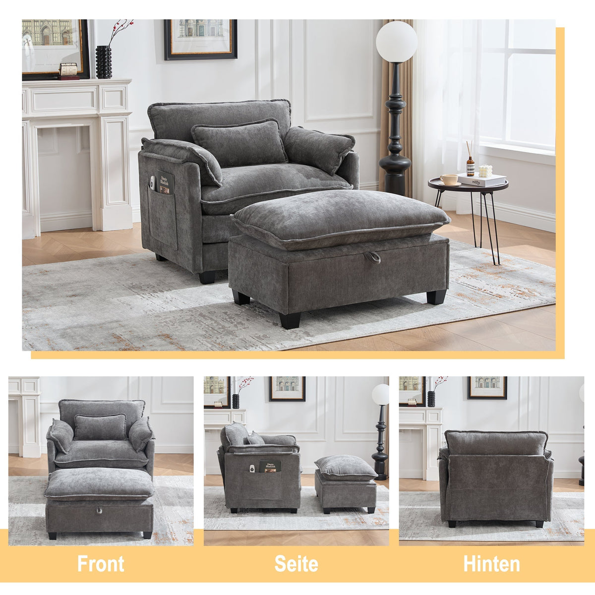 Oversized Armchair with Footrest Stool Side Pockets Cushions, Velvet