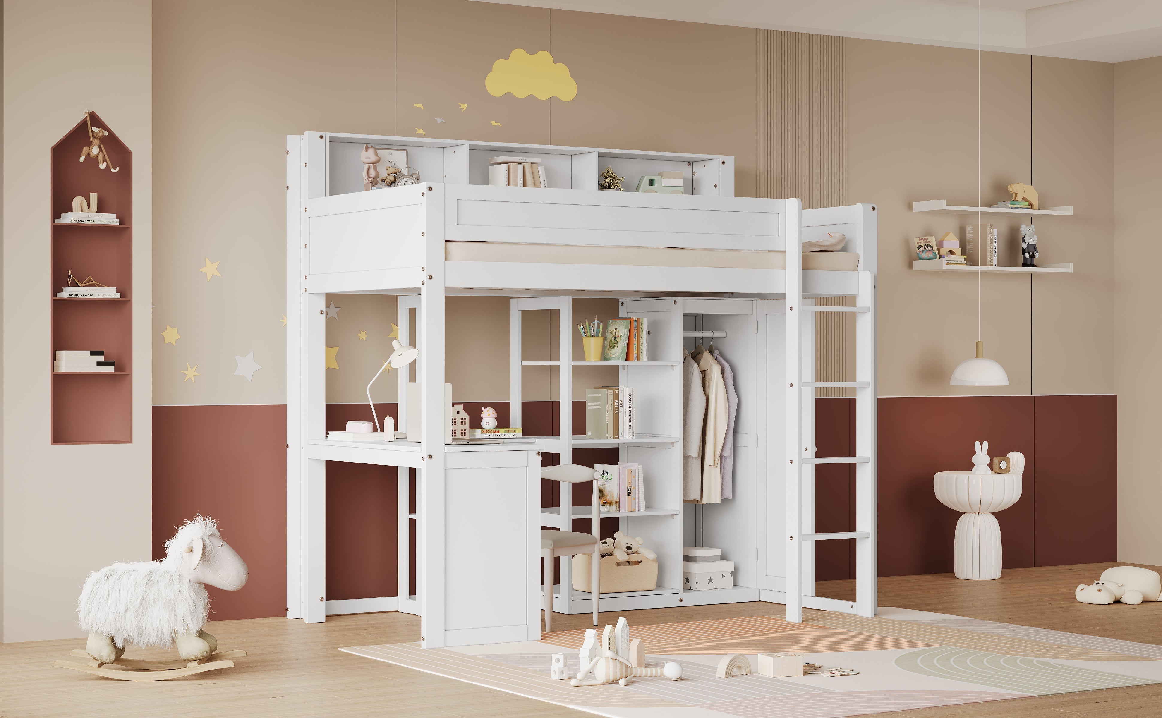 Bunk Bed with Table & Wardrobe, Safety Gate & Shelves, Pine+MDF+Plywood, White, 90x200cm