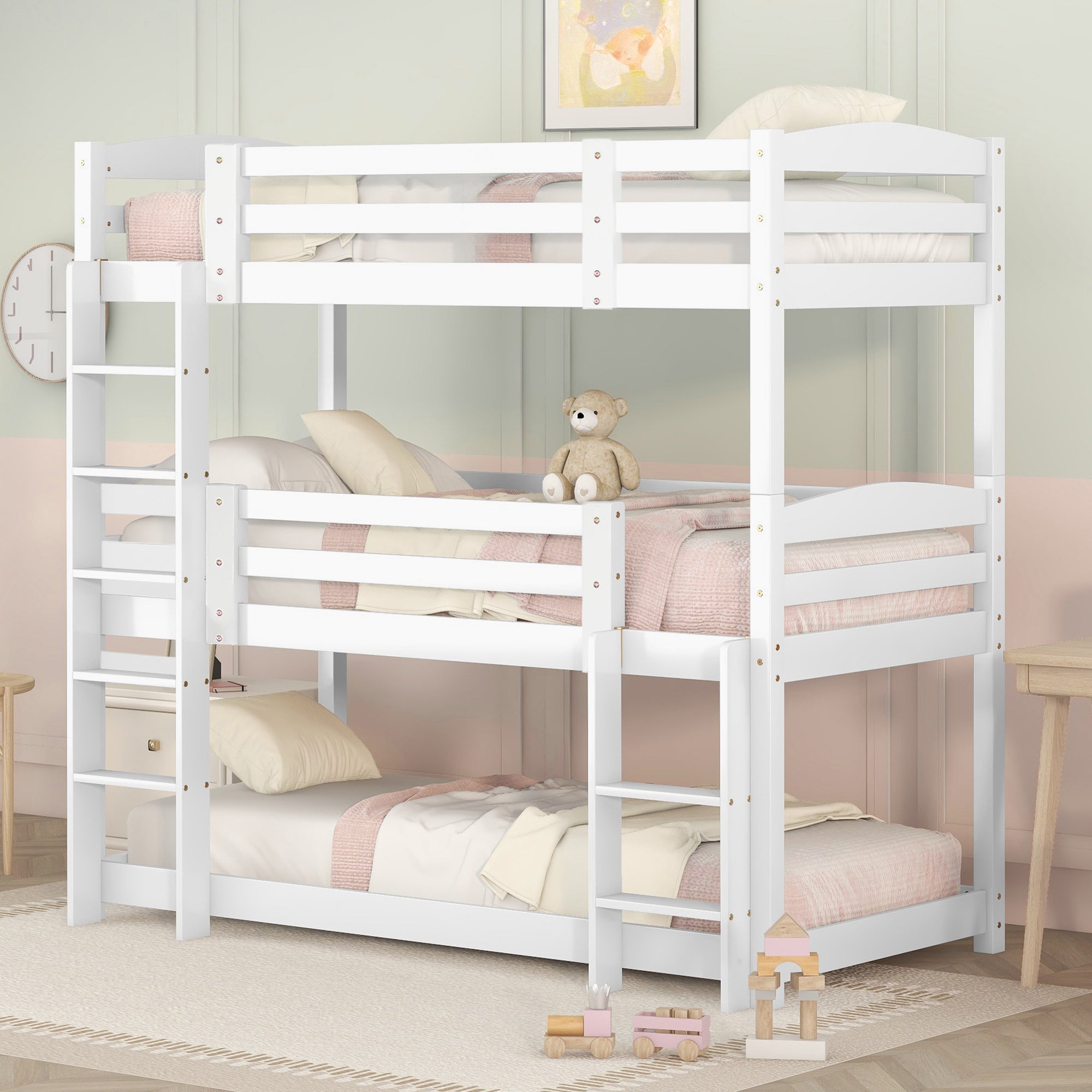 (WX000112AAK-3) Triple Bunk Bed 90x200cm Single-Size Wooden, White