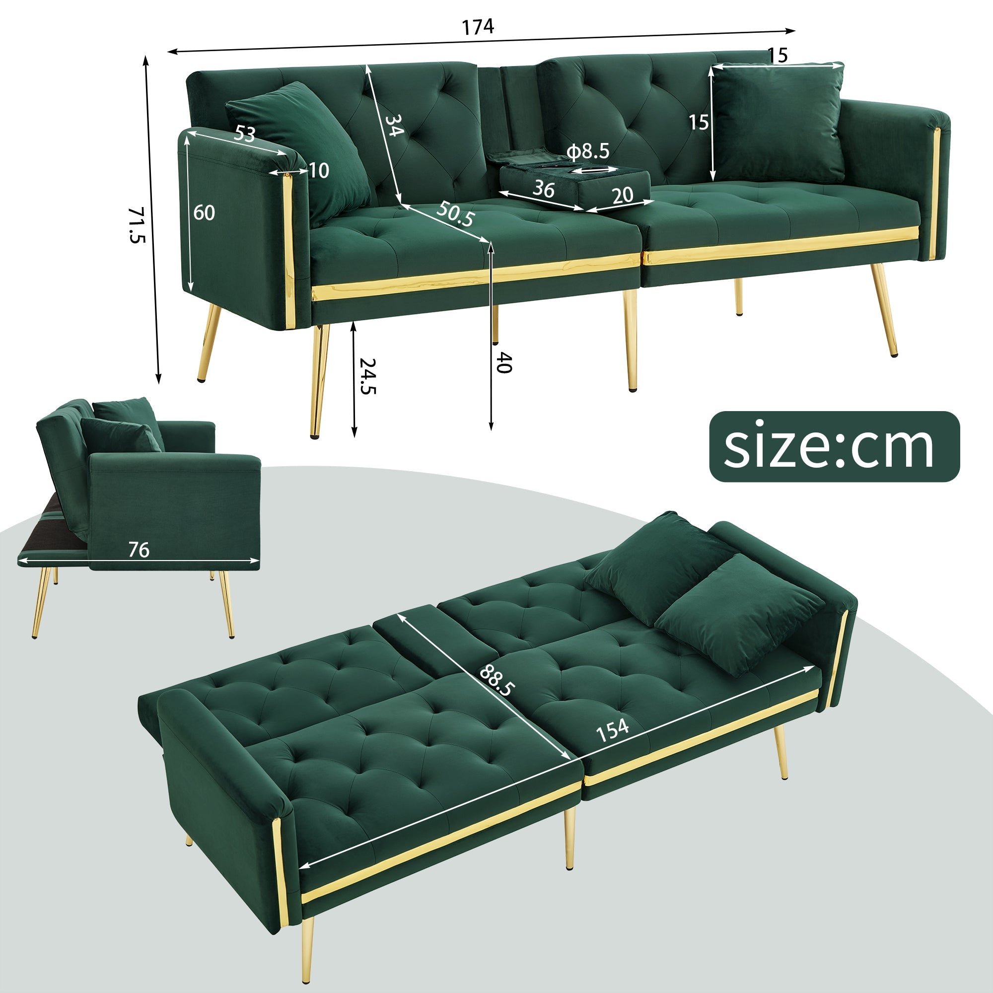 Two-seater Sofa Bed, Adjustable Backrest and Cup Holders, Velvet