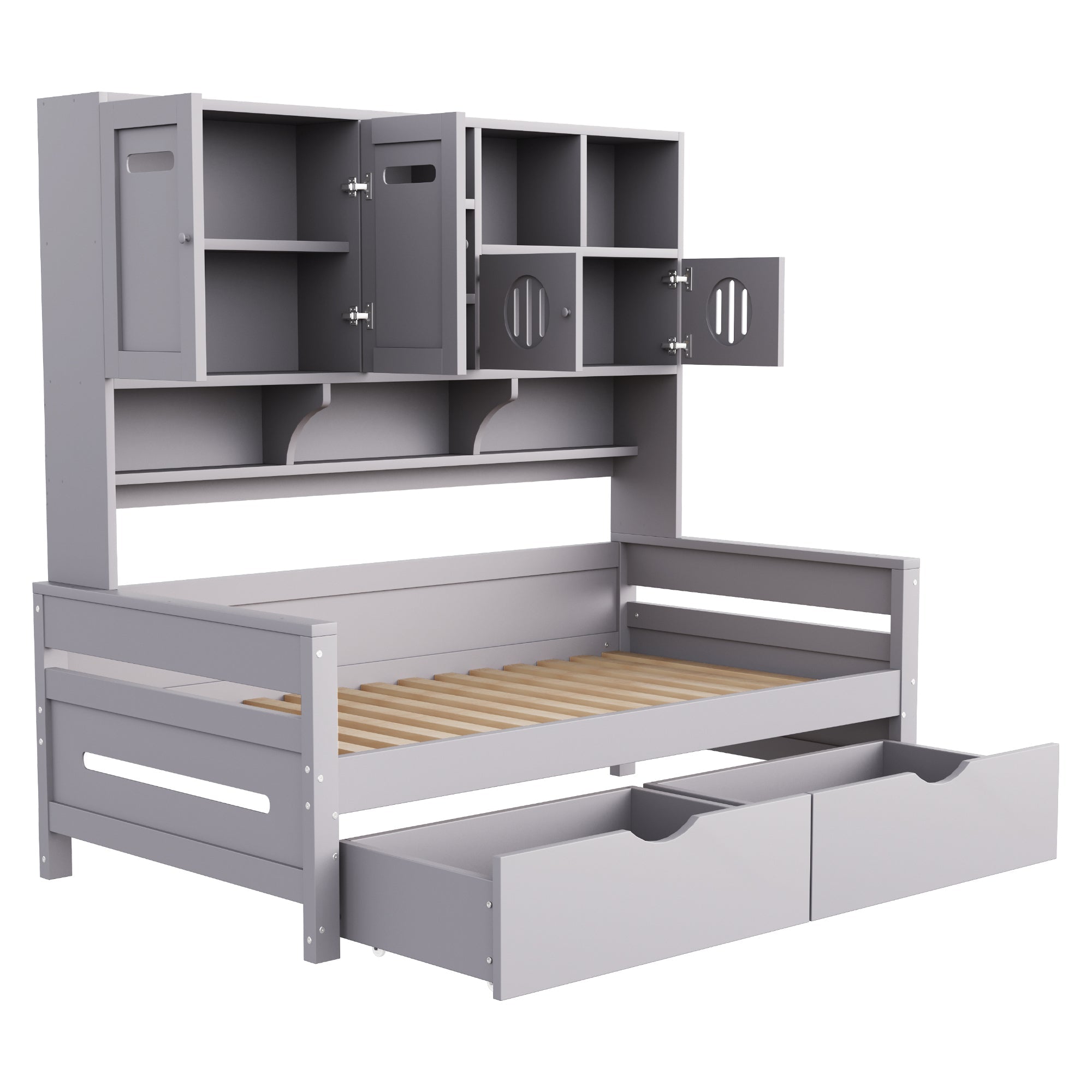 Wooden Sofa Bed, 90x200cm, Multifunctional Storage, Large Drawer, Grey