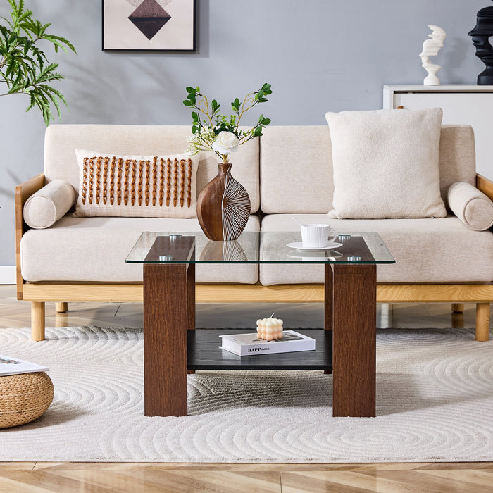 Modern Coffee Table with Storage and Tempered Glass Top, 65x41x45.5cm, Walnut Wood