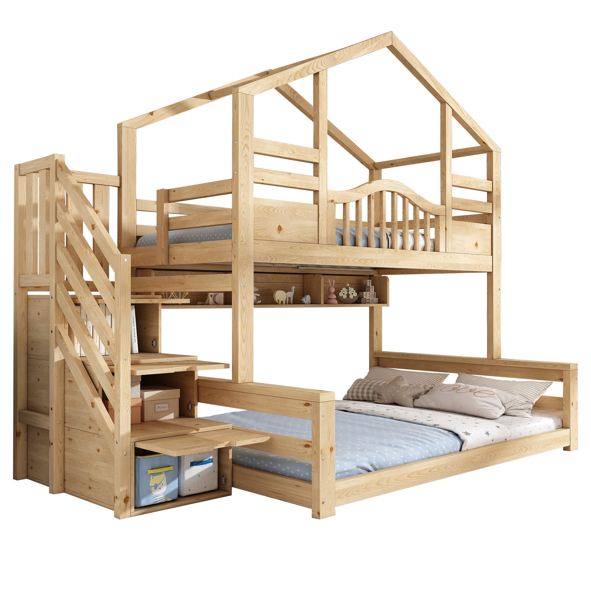 Bunk House Bed with Stair Storage and Shelves, 90x200cm and 140x200cm, Natural Wood Look