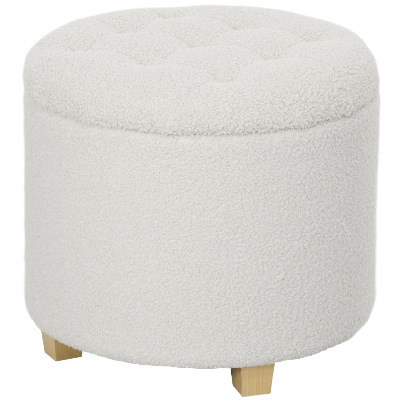 Stool with Storage Space, Round Footstool, Wooden Legs, White