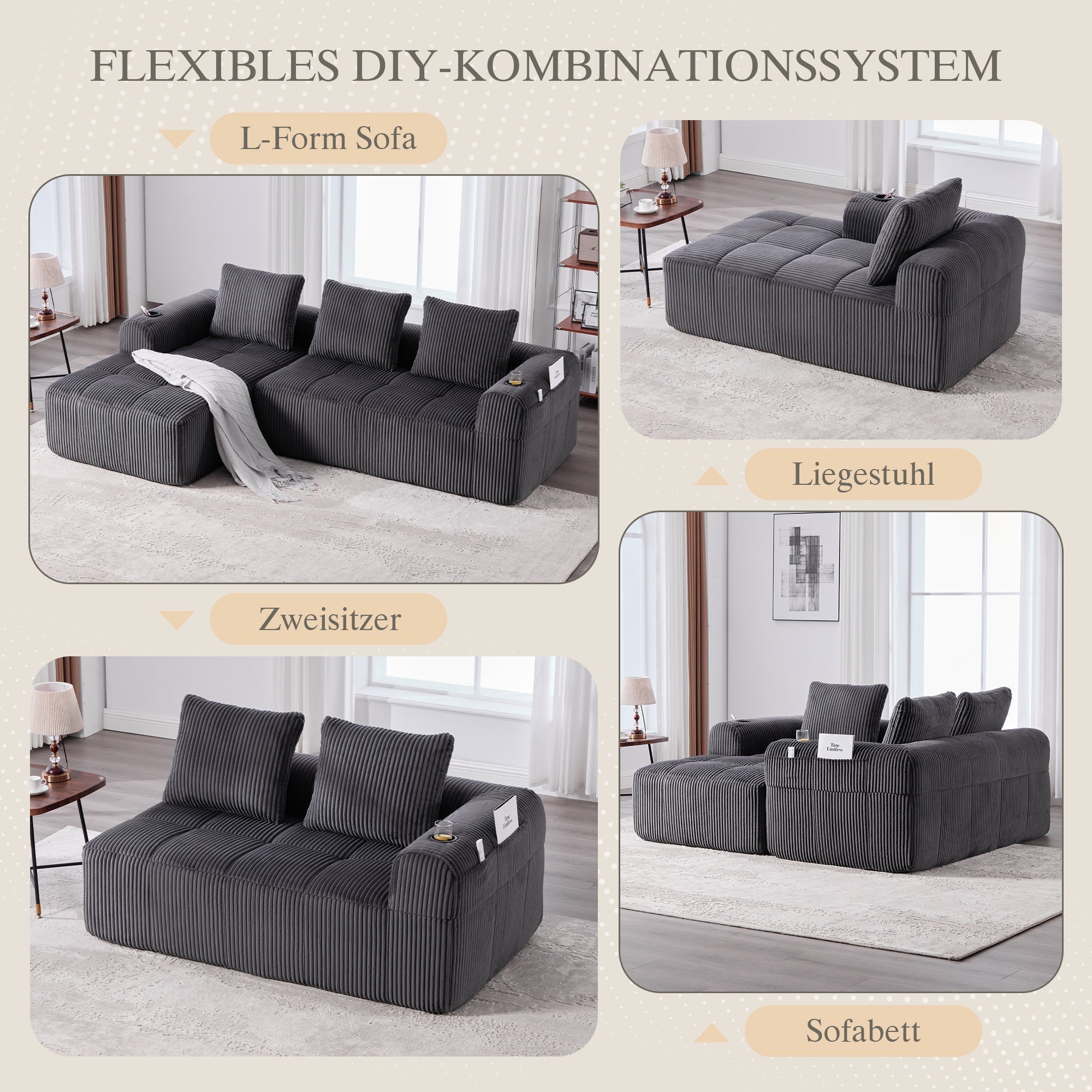 Compact Sofa Modular Side Pocket Cup Holder 3 Cushions - Corduroy Dark Gray
