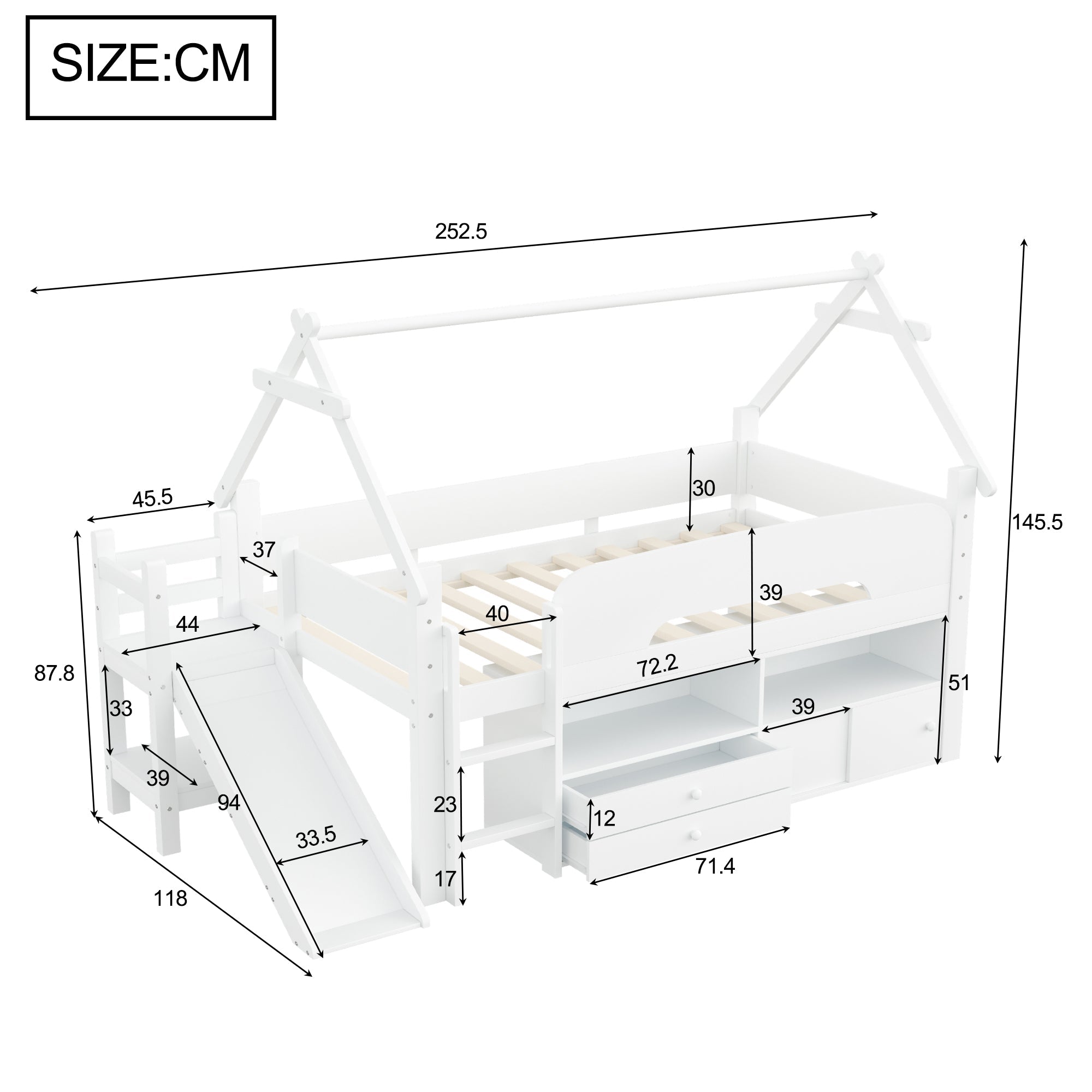 Children's Loft Bed with Roof Frame, Slide, and Storage, White Solid Wood