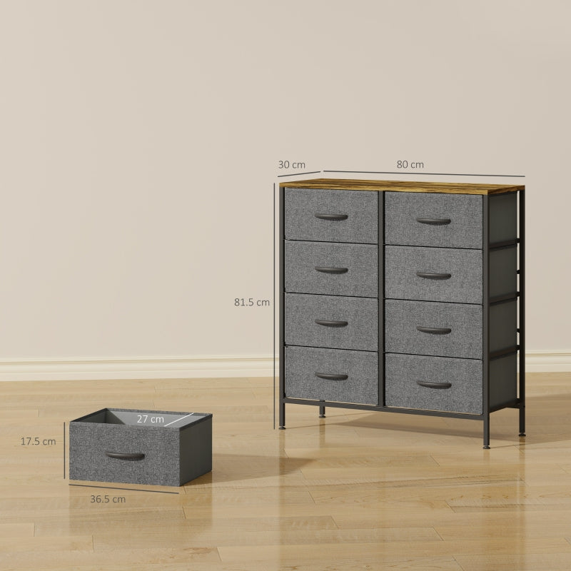 Fabric Chest of Drawers, 8 Drawers Industrial Dresser with Steel Frame Wooden Top, Rustic Brown and Grey