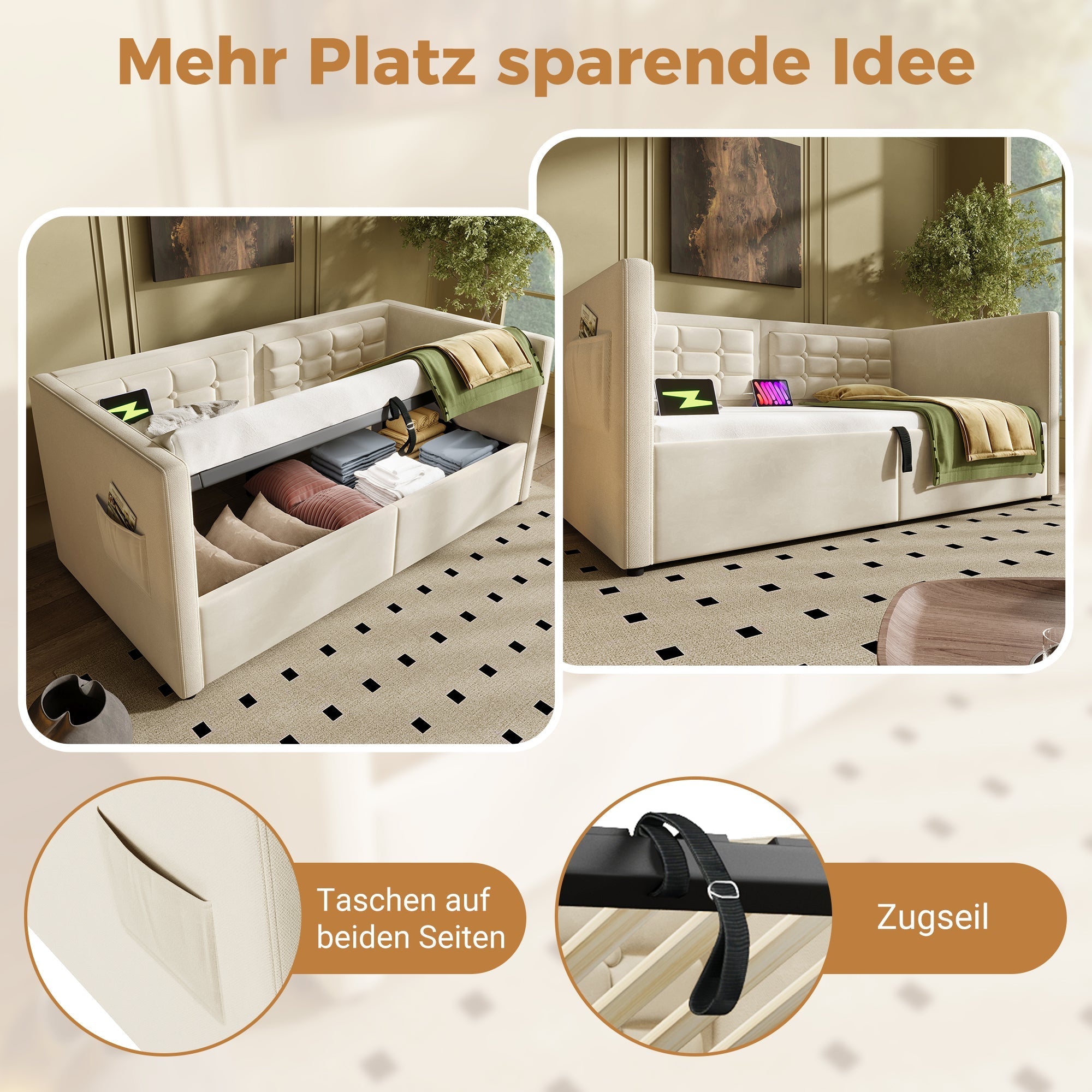 Sofa Bed 90x200cm, Single with Hydraulic Storage & USB/Type-C Charging, Beige Velvet