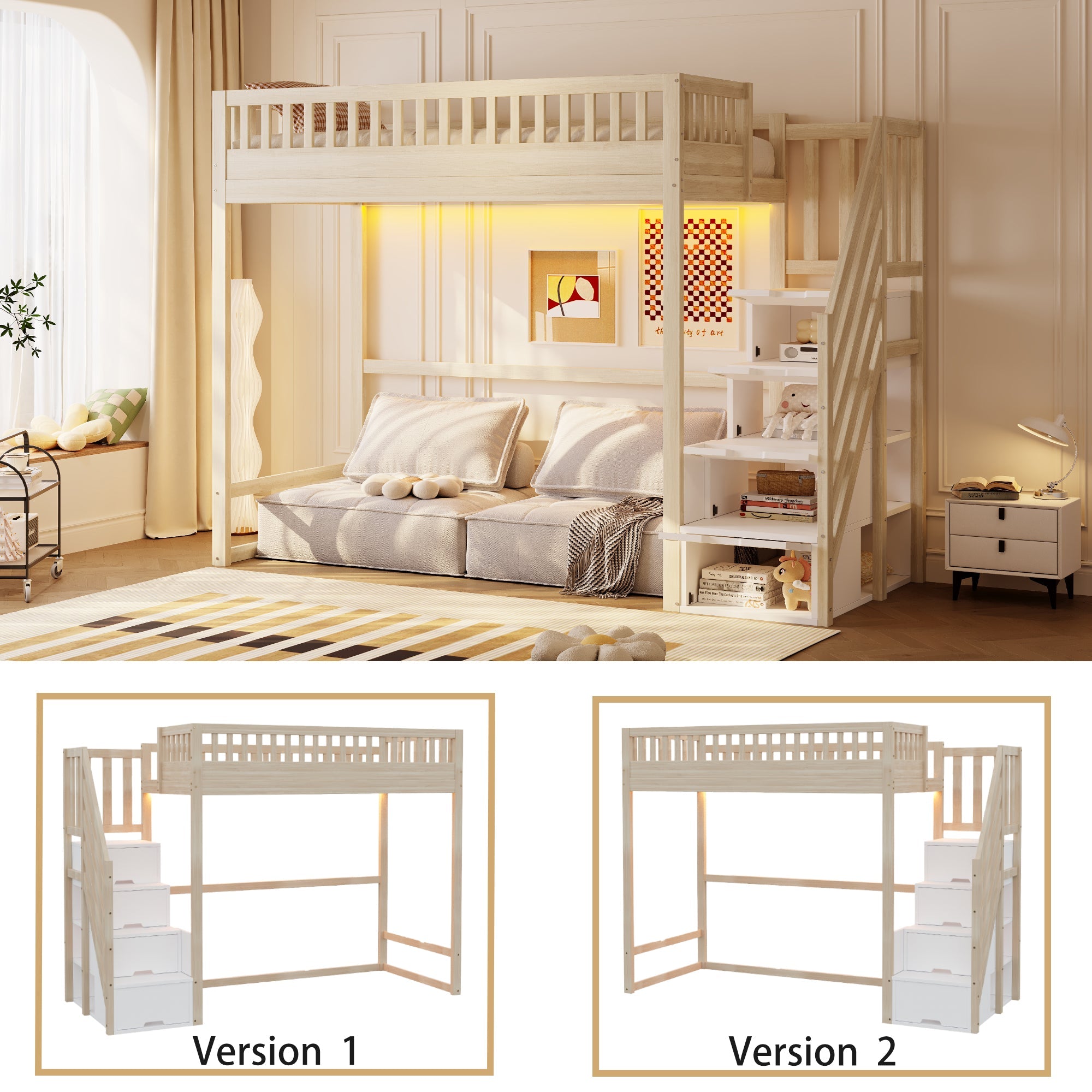 Loft Bed with Safety Railing, LED Light Strip and Interchangeable Ladder, 90x200cm, Natural Pine Wood
