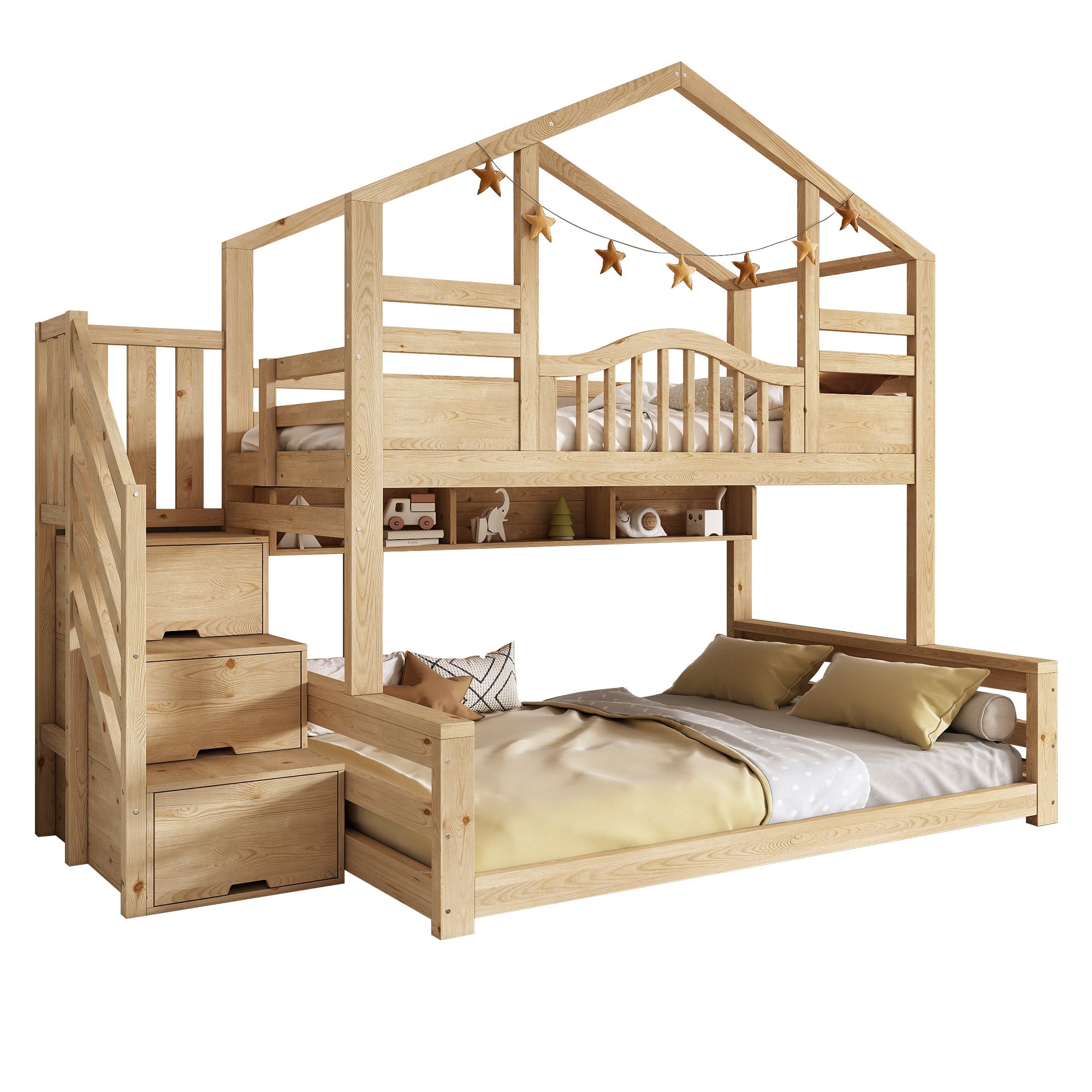 Bunk House Bed with Stair Storage and Shelves, 90x200cm and 140x200cm, Natural Wood Look