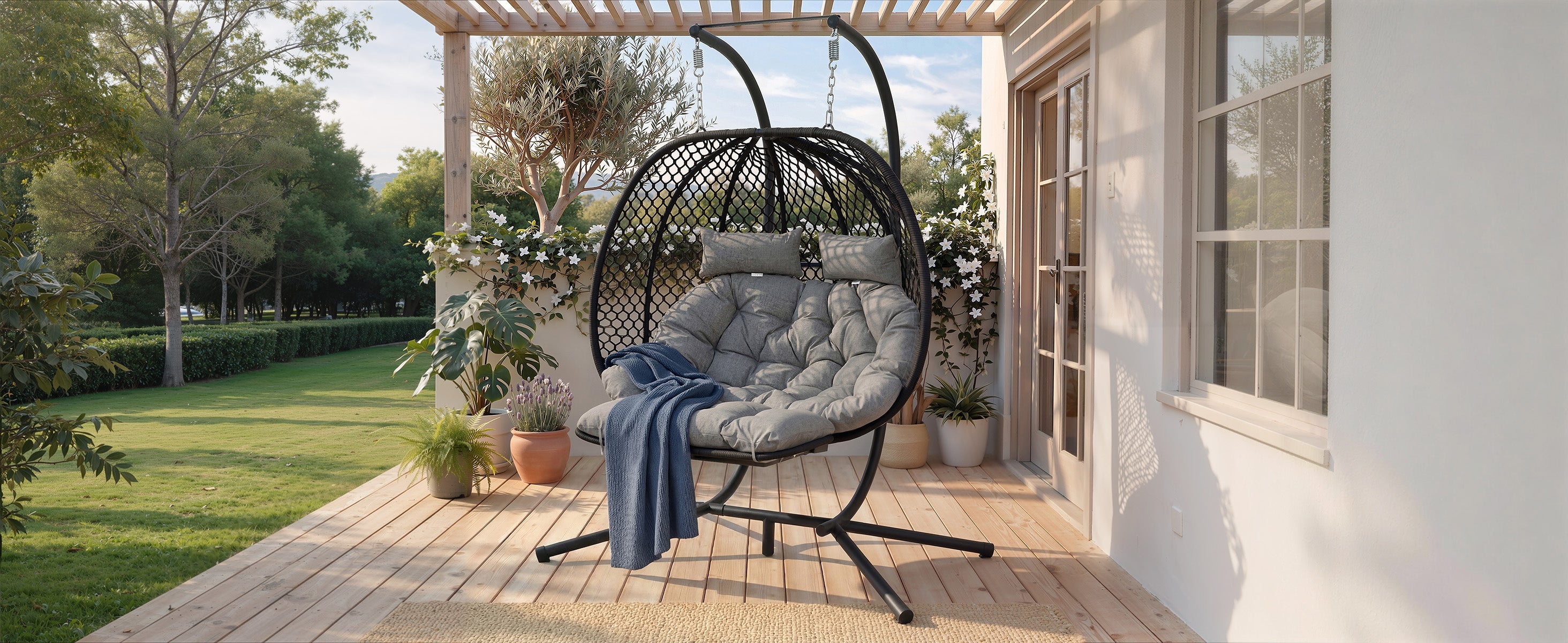 Double Egg-Shaped Hanging Chair with Stand, Seat Cushion, Pillow and Footrest, Grey Metal