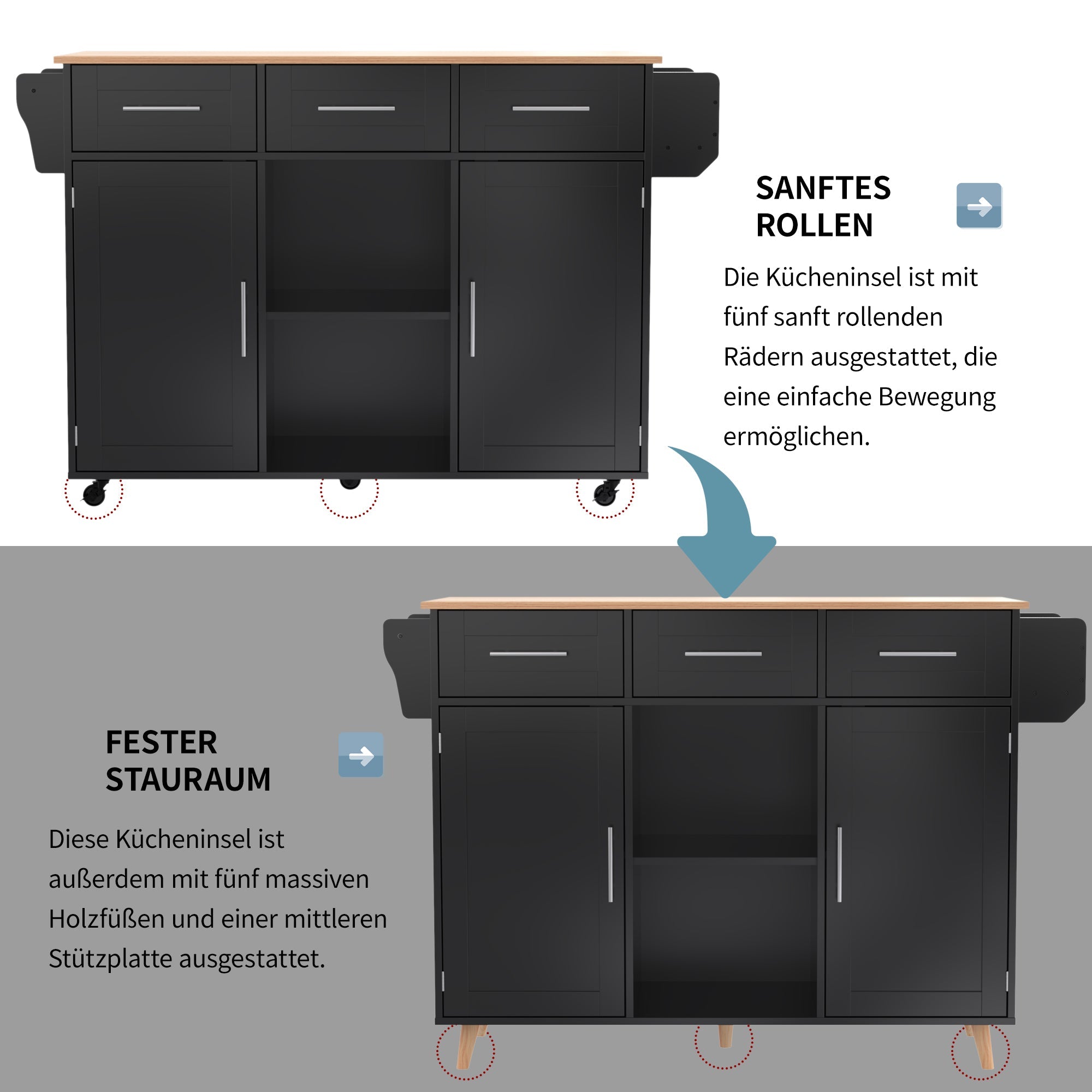 Dining Trolley/Sideboard with Fold-Down Worktop and Storage Casters, Black Solid Wood Grain