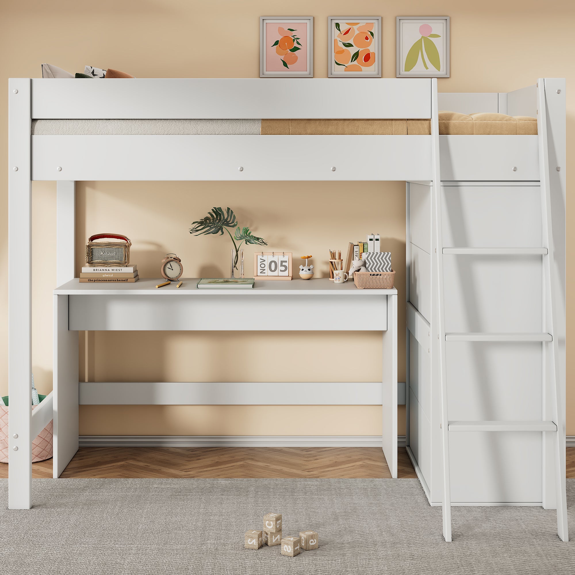 Children's Loft Bed 90x200cm Multifunctional Desk Wardrobe Solid Wood - White