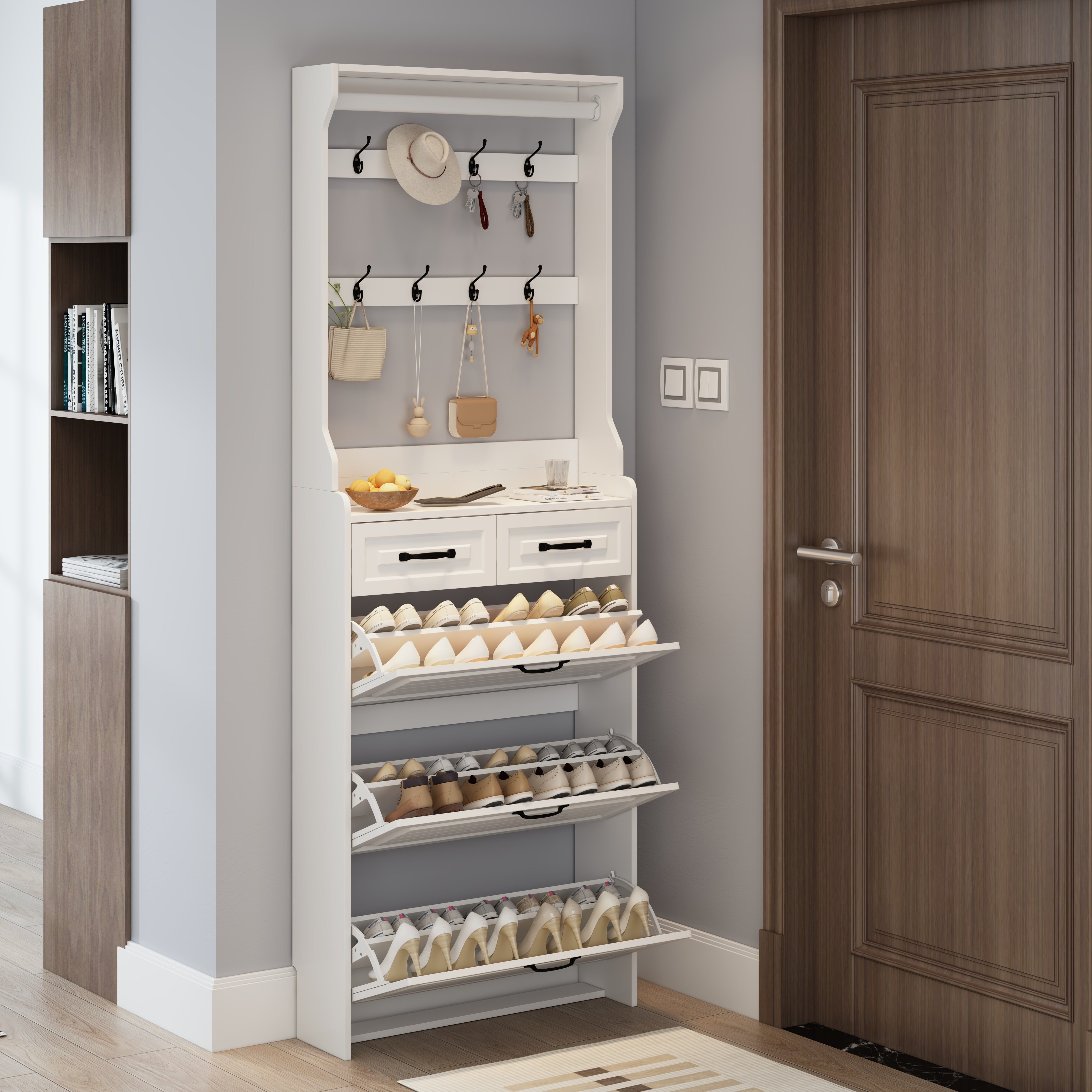 Shoe Cabinet with Hanger, 3 Doors & 2 Drawers - White